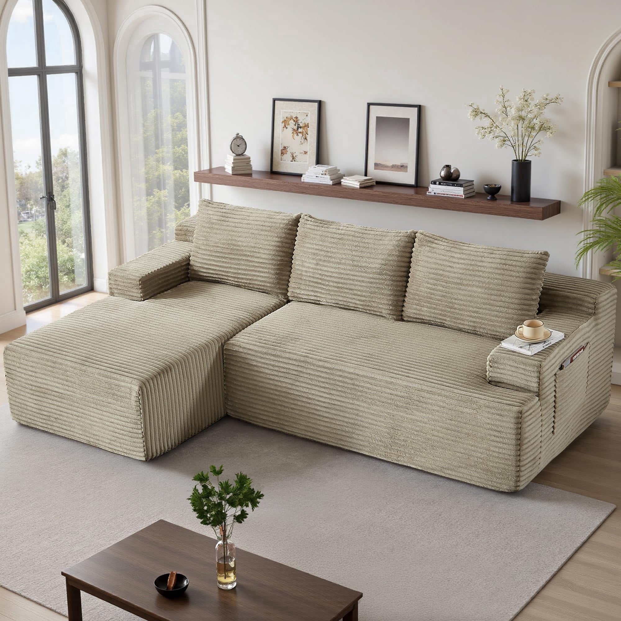 96 L-Shaped Sectional Couches for Living Room, Modular Cloud Couch with Chaise, Corduroy Deep Seat Boneless Sofa, No Assembly, Black