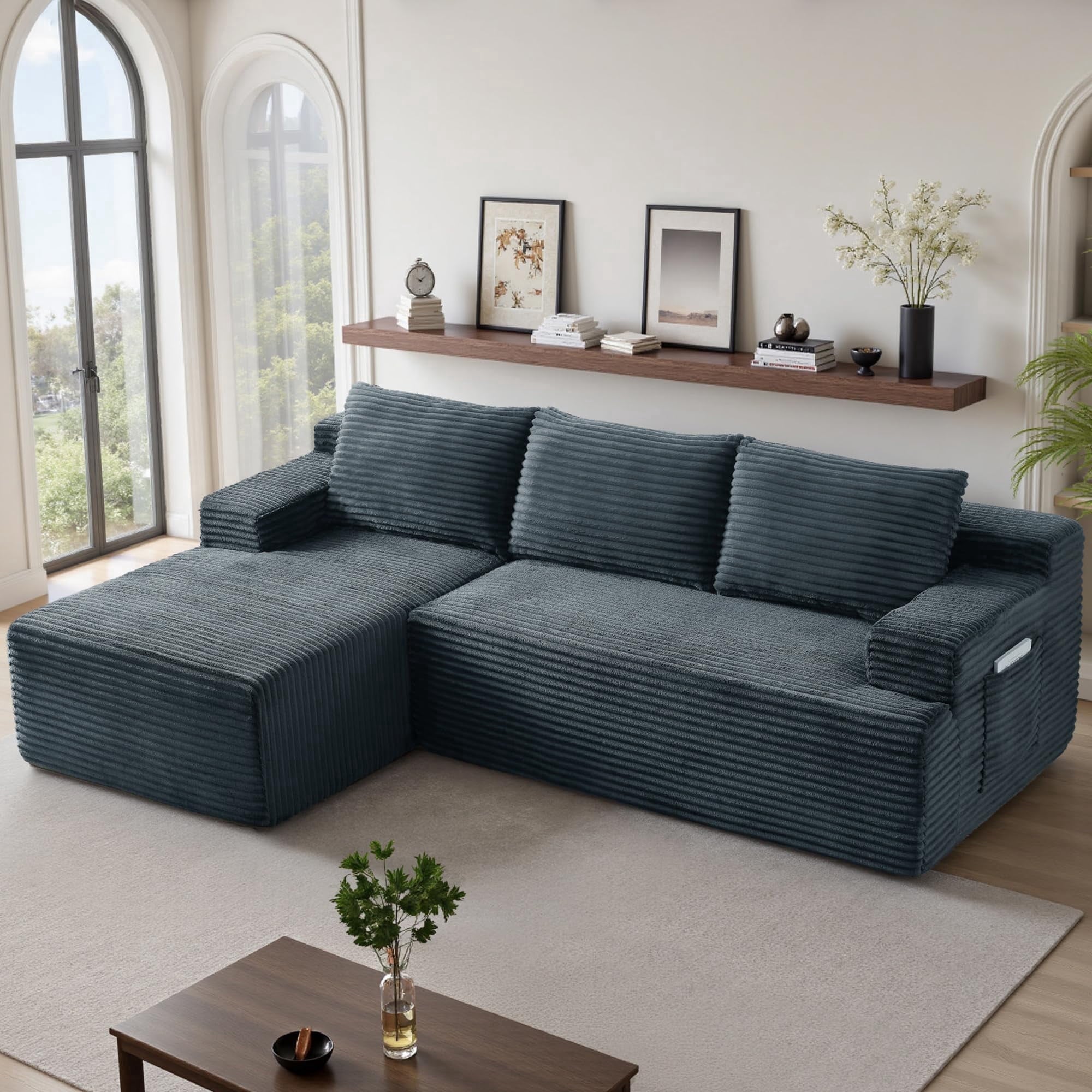 96 L-Shaped Sectional Couches for Living Room, Modular Cloud Couch with Chaise, Corduroy Deep Seat Boneless Sofa, No Assembly, Black