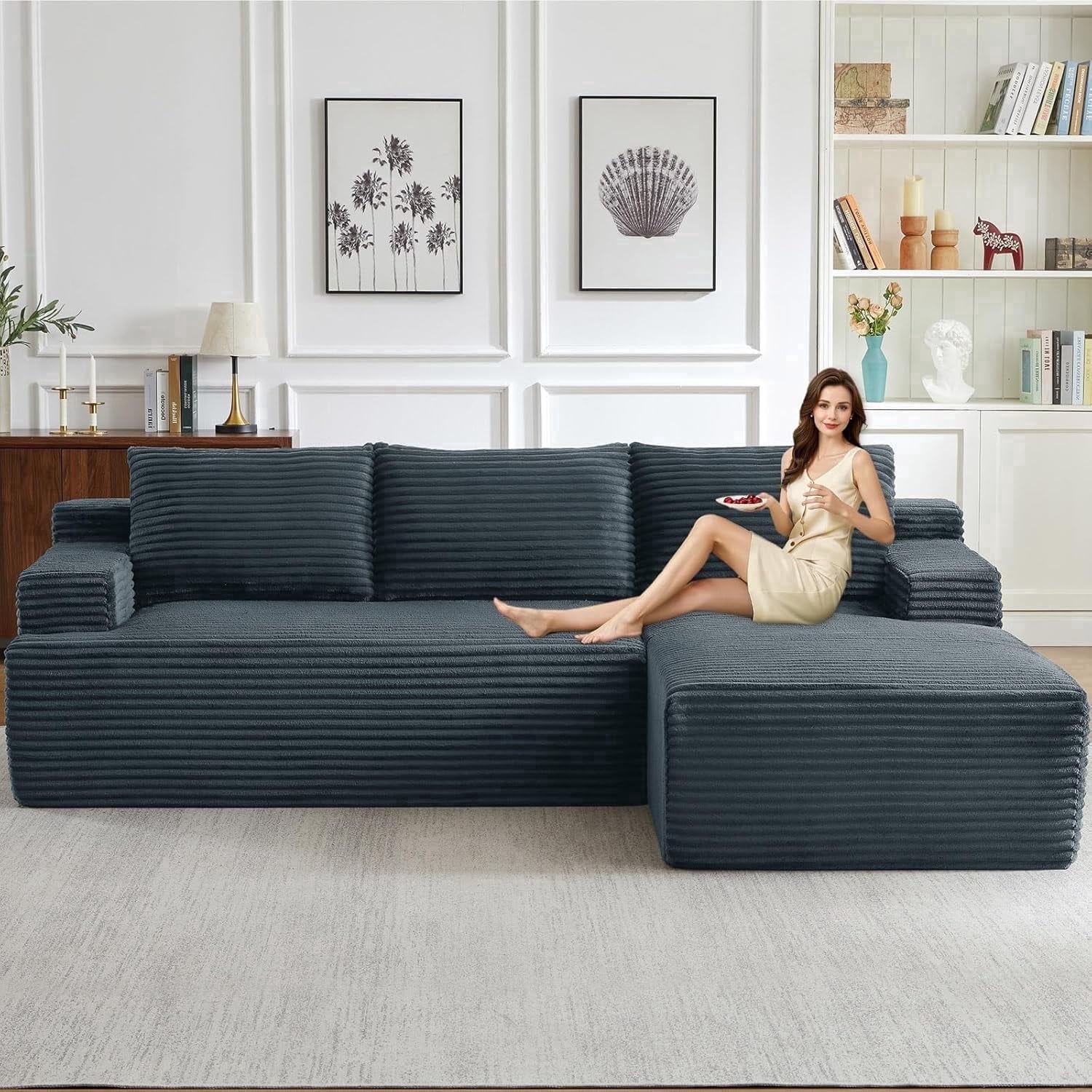 96 Boneless Cloud Couch with Chaise, Modular Sectional Sofa for Living Room, No Assembly Required, Deep Seat Corduroy Couch, Green