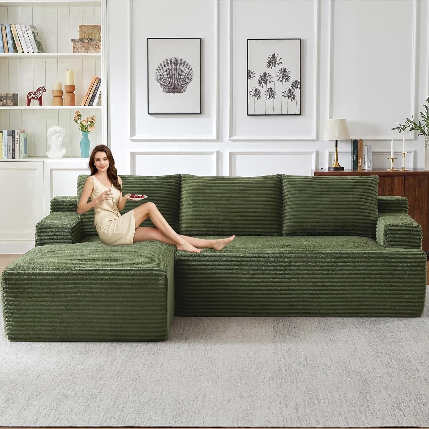 96 Boneless Cloud Couch with Chaise, Modular Sectional Sofa for Living Room, No Assembly Required, Deep Seat Corduroy Couch, Green