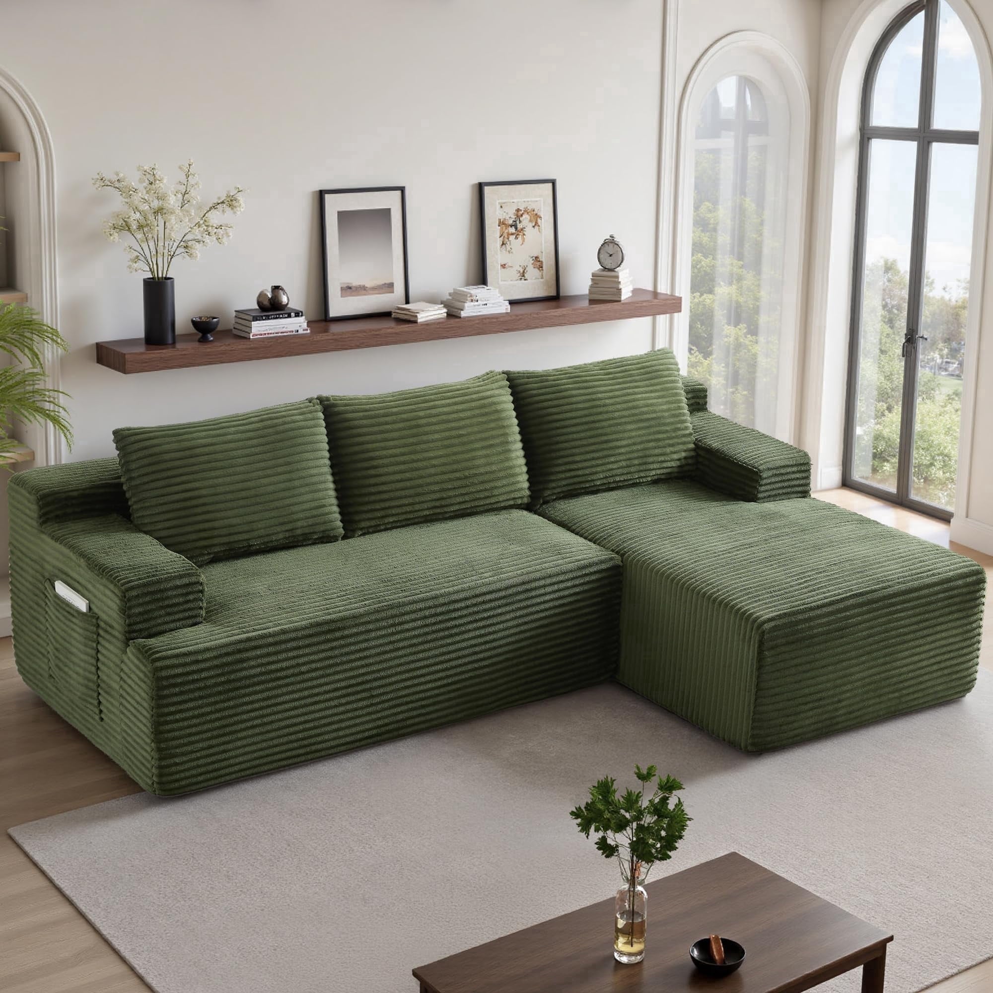 96 L-Shaped Sectional Couches for Living Room, Modular Cloud Couch with Chaise, Corduroy Deep Seat Boneless Sofa, No Assembly, Black