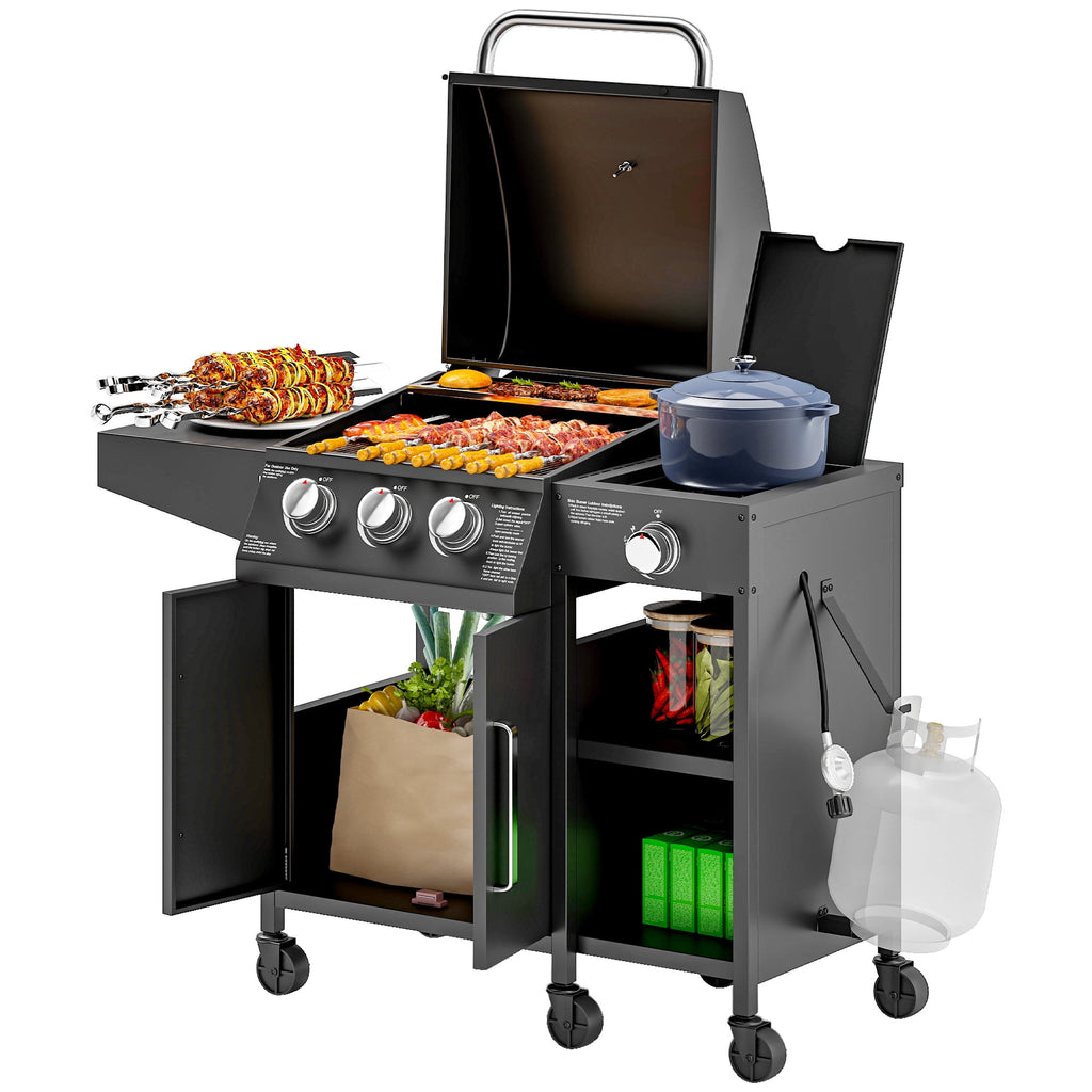 Outsunny 3 Burner Gas Grill with Side Burner, 9.5 KW Output, 310 Sq. in. Cooking Area, Cabinet Style Propane BBQ Grill with Shelves, Black