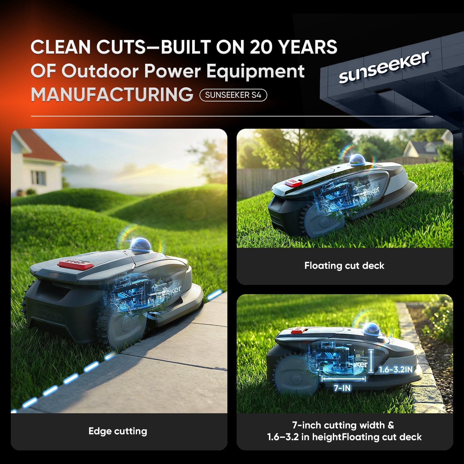 Sunseeker S4 LiDAR Robot Lawn Mower for Up to 0.25 Acre (1000 m²), Vision AI + 360° 3D LiDAR Navigation, Wire-Free Virtual Boundary, Systematic Cutting, 42% Slope, App Control, 60 dB Quiet Mowing