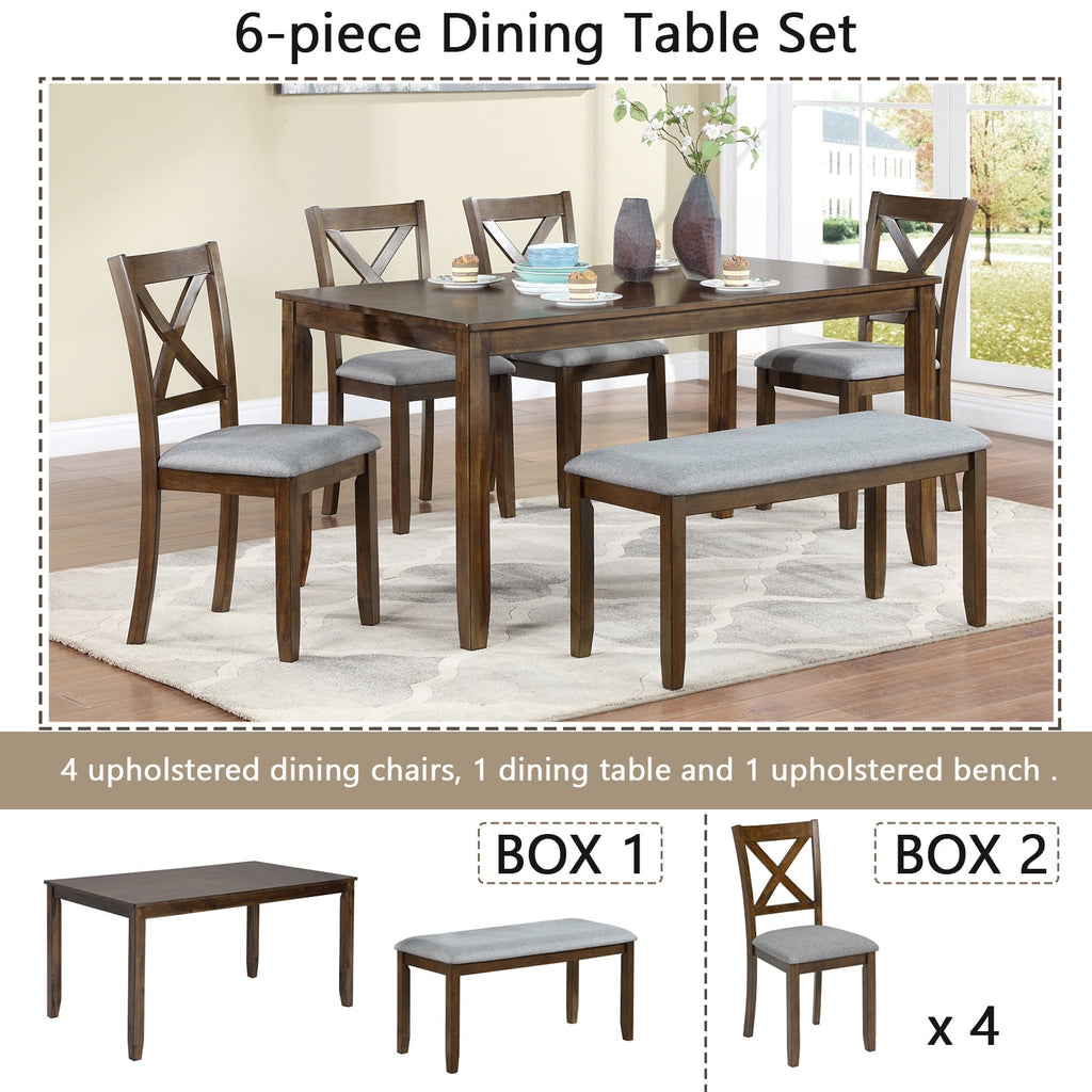 Dining Room Set, LEGAHOME 6 Piece Dining Sets with Bench and Chairs, Solid Wood Kitchen Dining Table Set for 6 with Upholstered Chairs, Gray