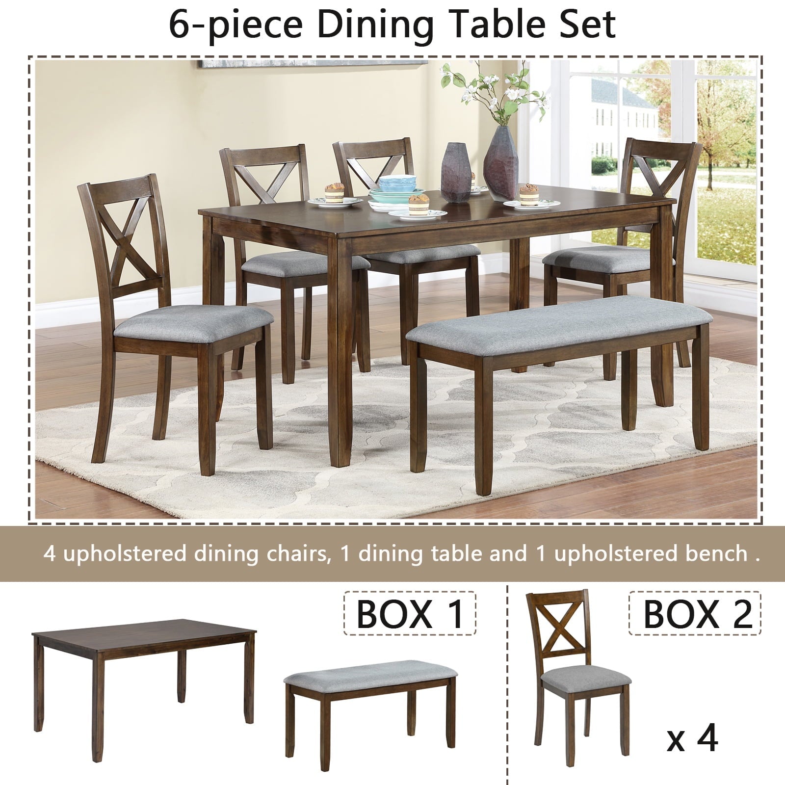 Dining Room Set, LEGAHOME 6 Piece Dining Sets with Bench and Chairs, Solid Wood Kitchen Dining Table Set for 6 with Upholstered Chairs, Gray