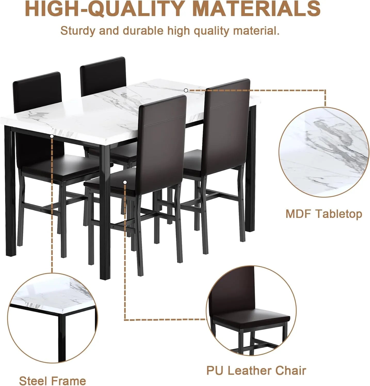 MOOSENG Dining Table Set for 4, Faux Marble Kitchen Table and Chairs Set of 4, 5-Piece Dining Room Set with PU Leather Upholstered Chairs for Small Space, Gray