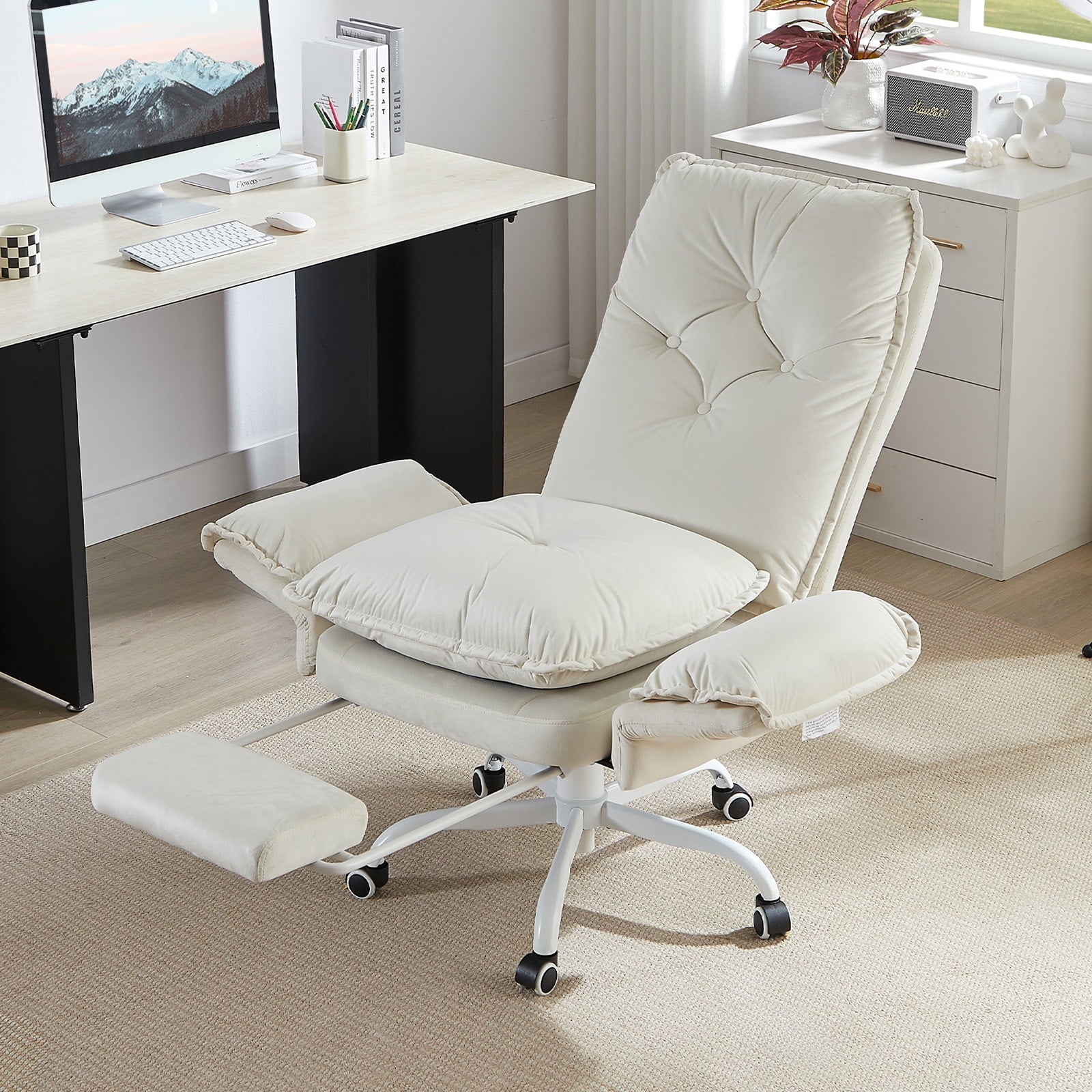 Bestier Big and Tall Executive Office Chair with Flip-up Arms for Adult, Wide Seat Ergonomic Computer Desk Chair,High Back Velvet Comfy Cross-Legged Office Chair with Footrest and Side Pockets, Black
