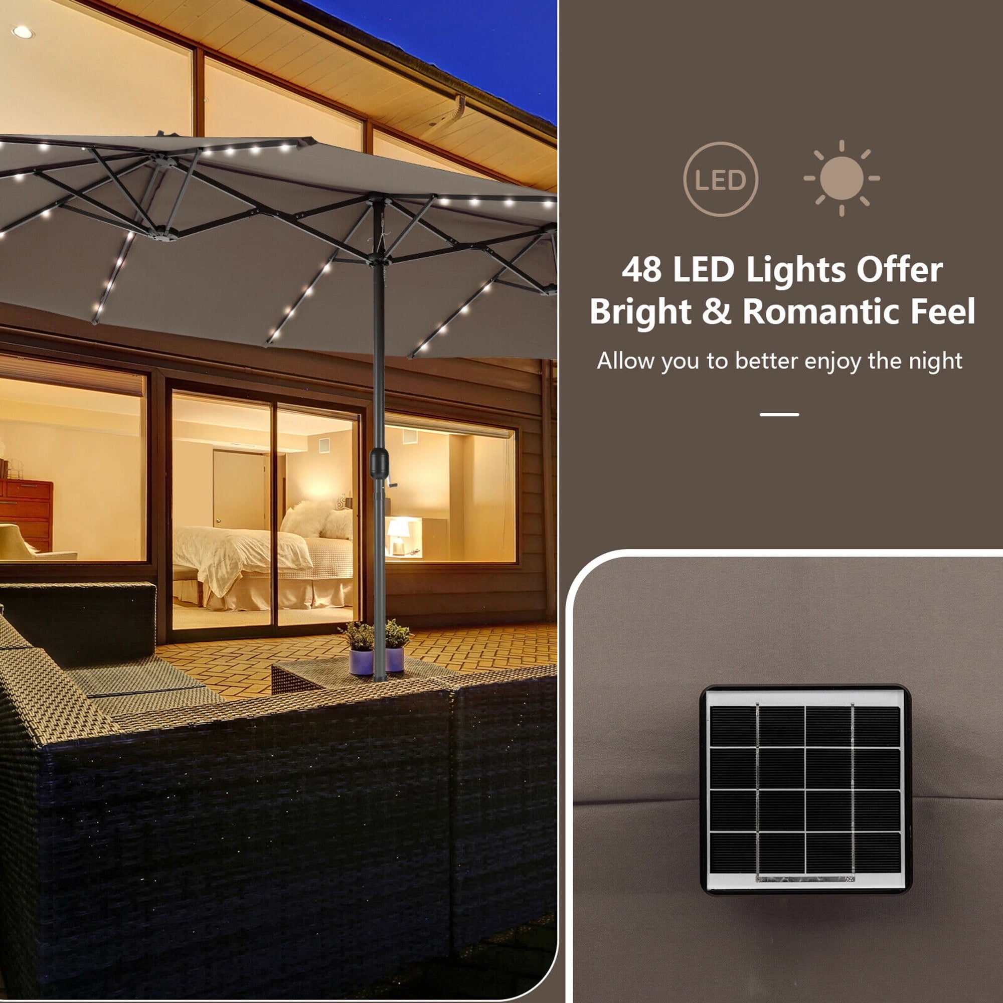 Gymax Outdoor 15' Double-Sided Patio Umbrella 48 Solar LED Lights Crank & Base Coffee