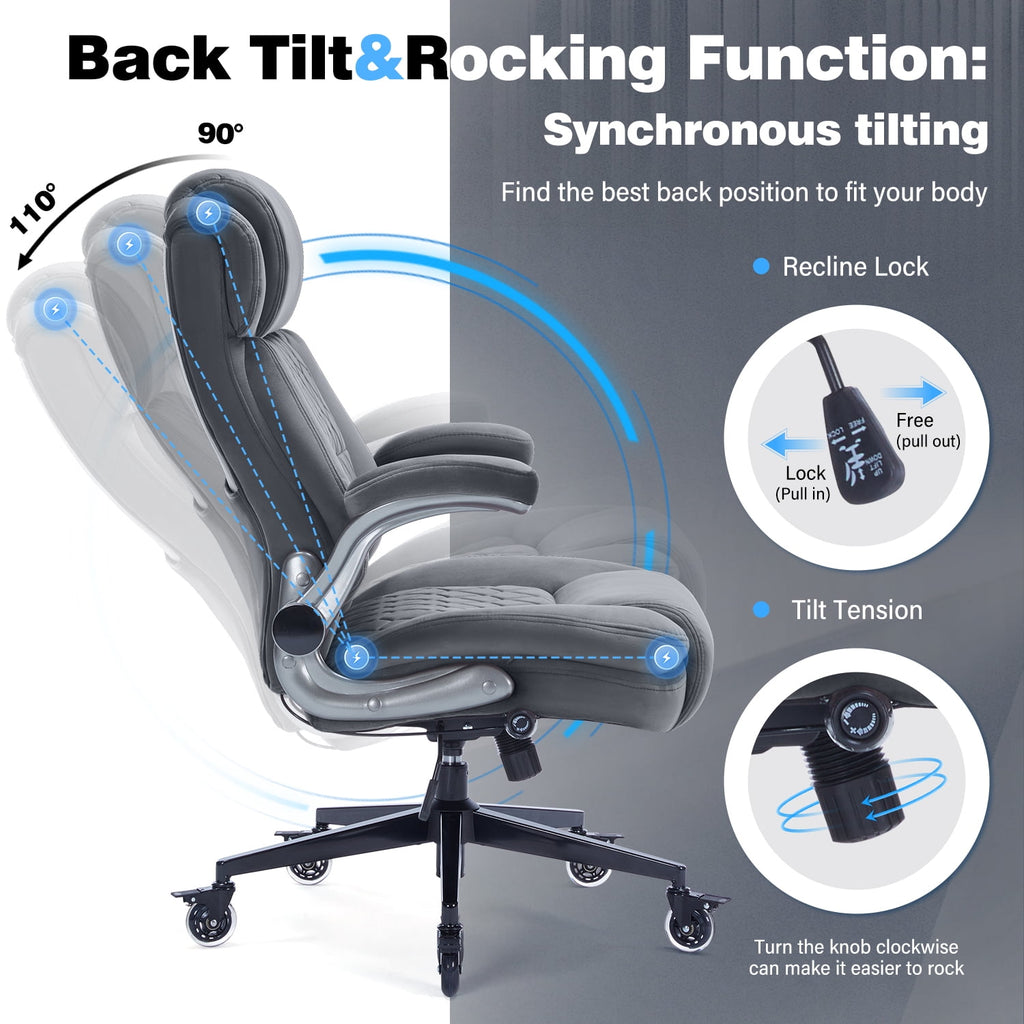 High Back Office Chair with Lockable Wheels, 400lbs Large Fabric Executive Desk Chair, Adjustable Lumbar Support Flip up Arms, Ergonomic Home Office Computer Chair with Storage Pocket, Black
