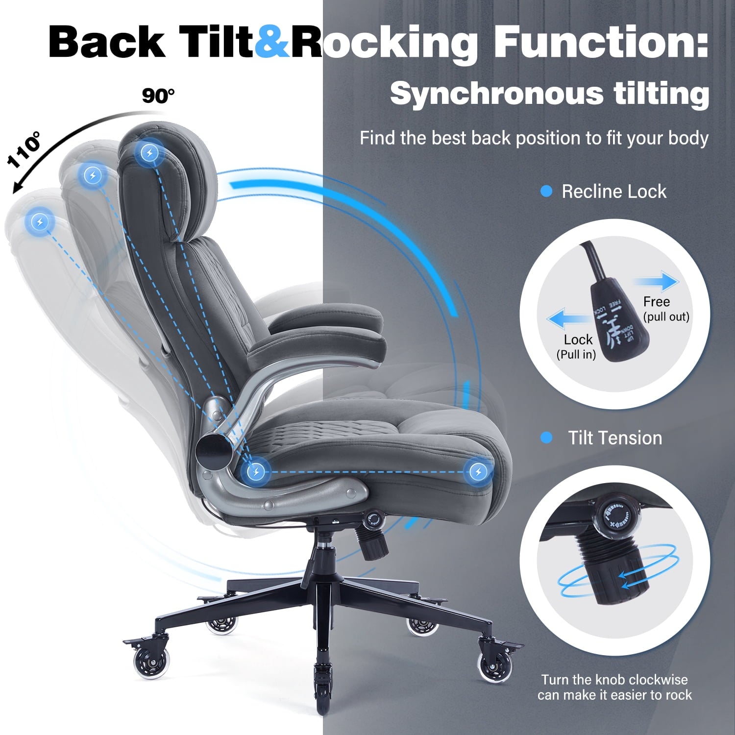 High Back Office Chair with Lockable Wheels, 400lbs Large Fabric Executive Desk Chair, Adjustable Lumbar Support Flip up Arms, Ergonomic Home Office Computer Chair with Storage Pocket, Black