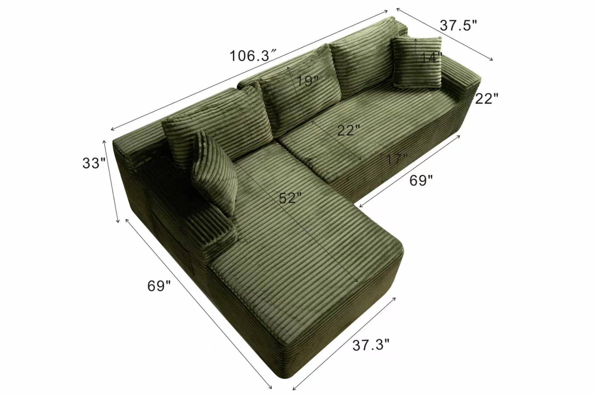 LLappuil 108 Sectional Sofa, Modular Sectional Couch with Left Chaise, Deep Seat Corduroy Cloud Sofa for Living Room Black