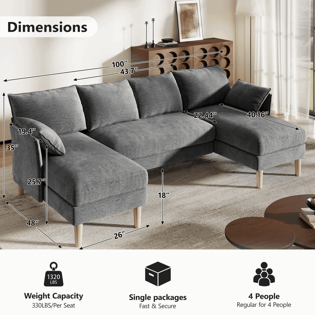 BedLuxury 100 U-Shape Sectional Sofa with Chaise, Chenille Modern Couch with High Legs for Living Room, Apartment, Beige