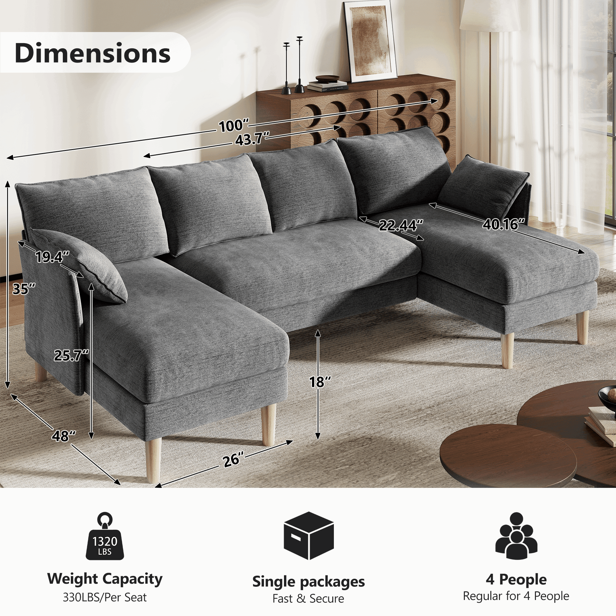 BedLuxury 100 U-Shape Sectional Sofa with Chaise, Chenille Modern Couch with High Legs for Living Room, Apartment, Gray