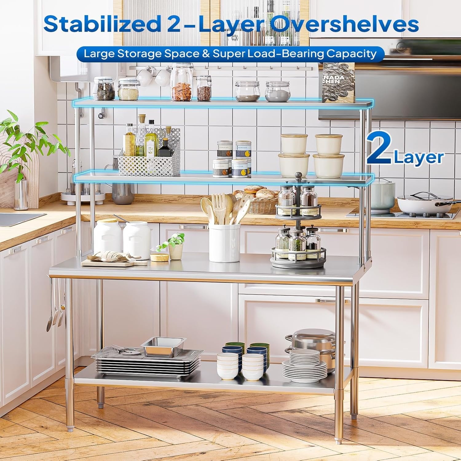 Ktaxon 72 x 30 Stainless Steel Workbench with Overshelves, NSF Commercial Heavy Duty Work Table with Adjustable Undershelf & Detachable Hooks