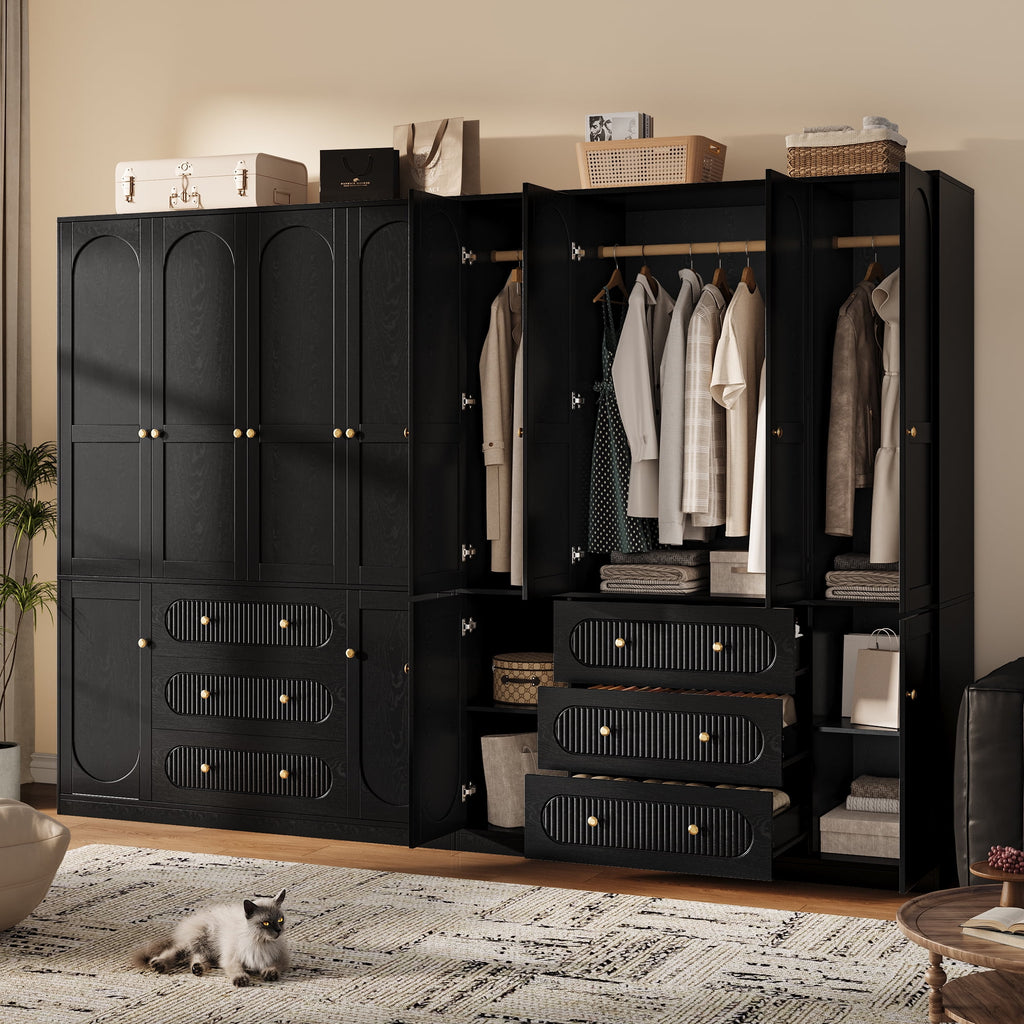 UGTOO 72H 4-Door Wardrobe Armoire with 3 Hanging Rods & 3 Drawers – Black Wooden Closet Storage Cabinet, Large Capacity Freestanding Clothes Organizer for Bedroom