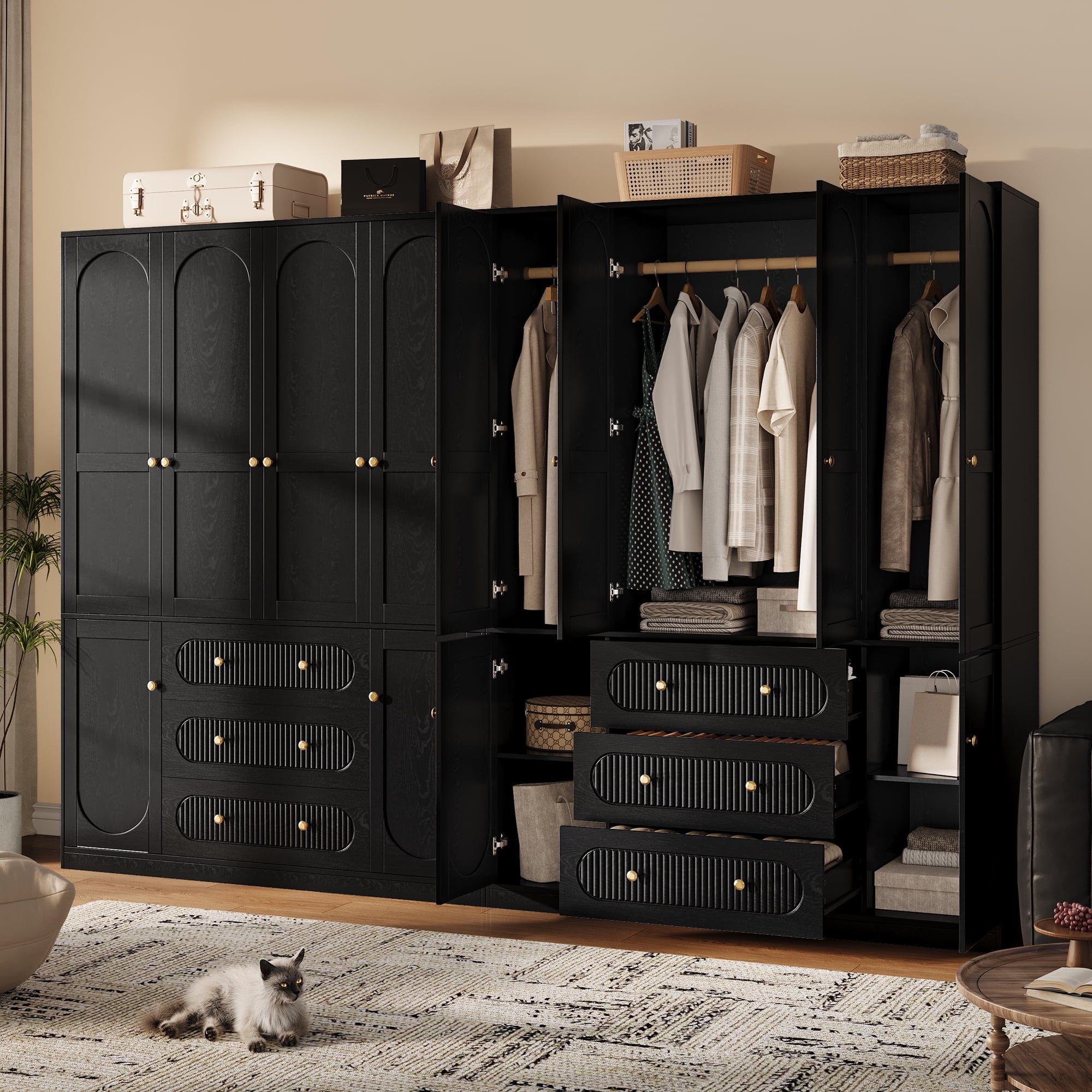 UGTOO 72H 4-Door Wardrobe Armoire with 3 Hanging Rods & 3 Drawers – Black Wooden Closet Storage Cabinet, Large Capacity Freestanding Clothes Organizer for Bedroom