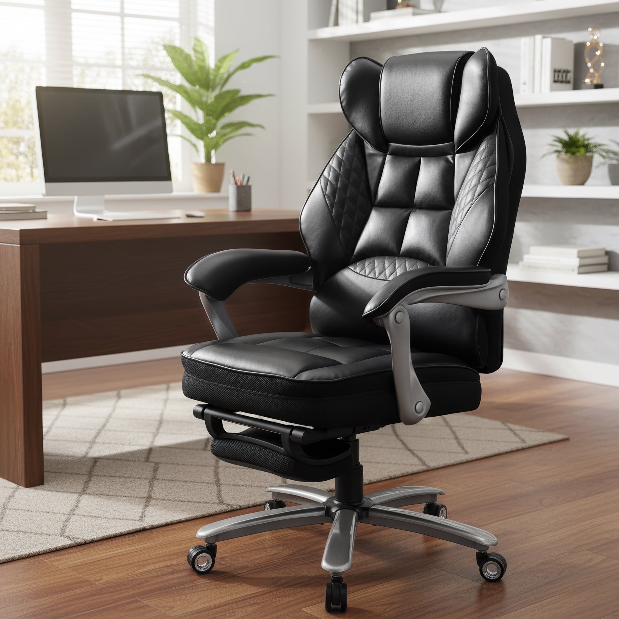 EOP Massage Office Chair with Heat and 4 Vibration Points, Ergonomic Executive Desk Chair with Adjustable Footrest, Big and Tall Swivel Computer Chair, Reclining Back, Black