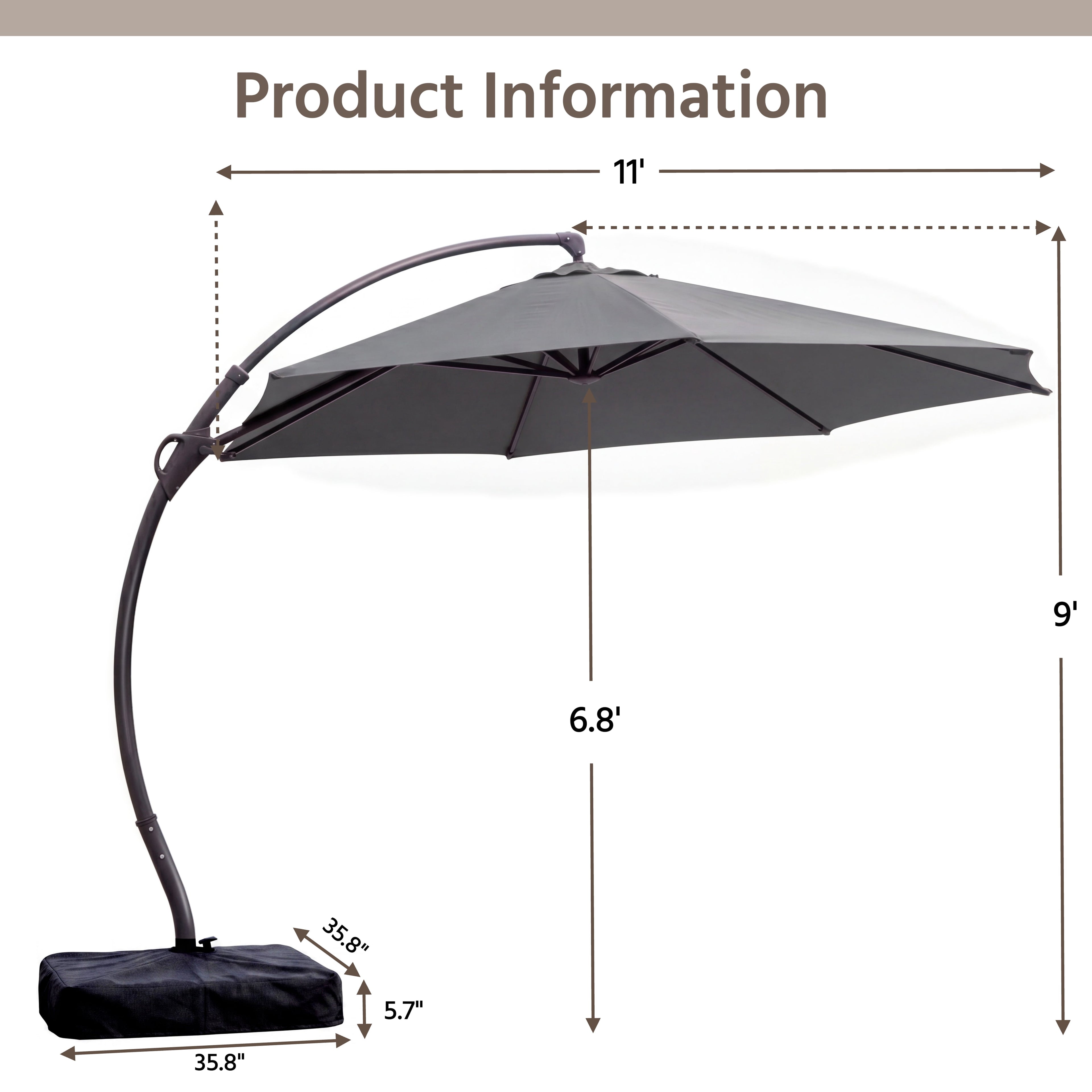 LAUSAINT HOME 11 FT Outdoor Patio Umbrella with Base, Aluminum Cantilever Umbrella with Crank, Gray