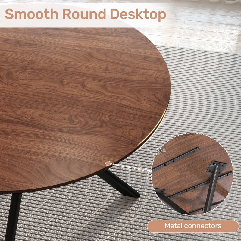Hawsaiy 47 Round Dining Table for 4-6, Modern Farmhouse Kitchen Table with Metal Legs, Wood Circle Dinner Table for Kitchen & Dining Room, Walnut