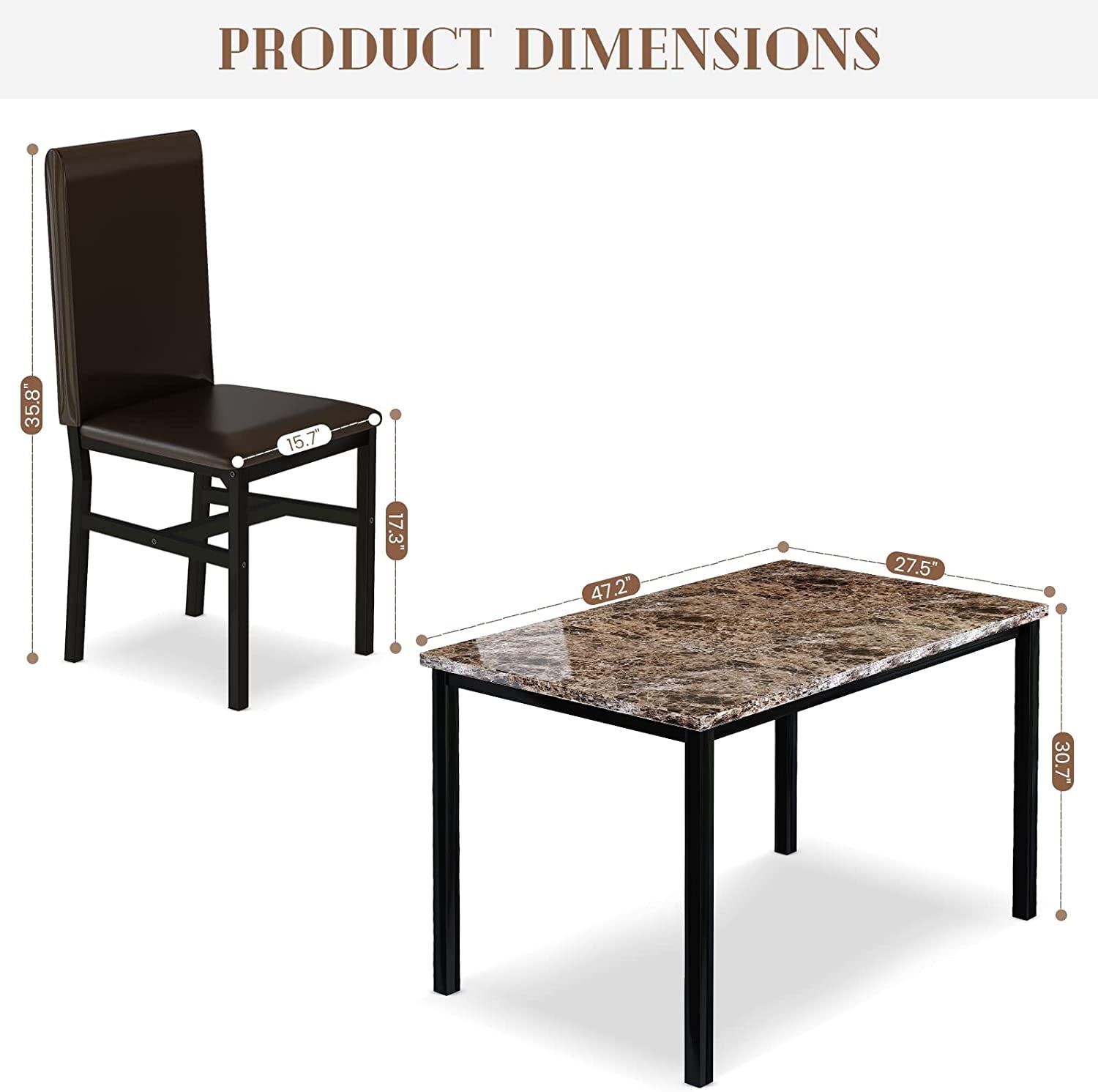 MIERES 5 Piece Dinning Table Sets for 4, Marble Kitchen Table and Chairs for 4,Dining Room Table Set with PU Leather Chairs,Faux Marble Dining Set for Small Spaces,Living Room,White+Brown