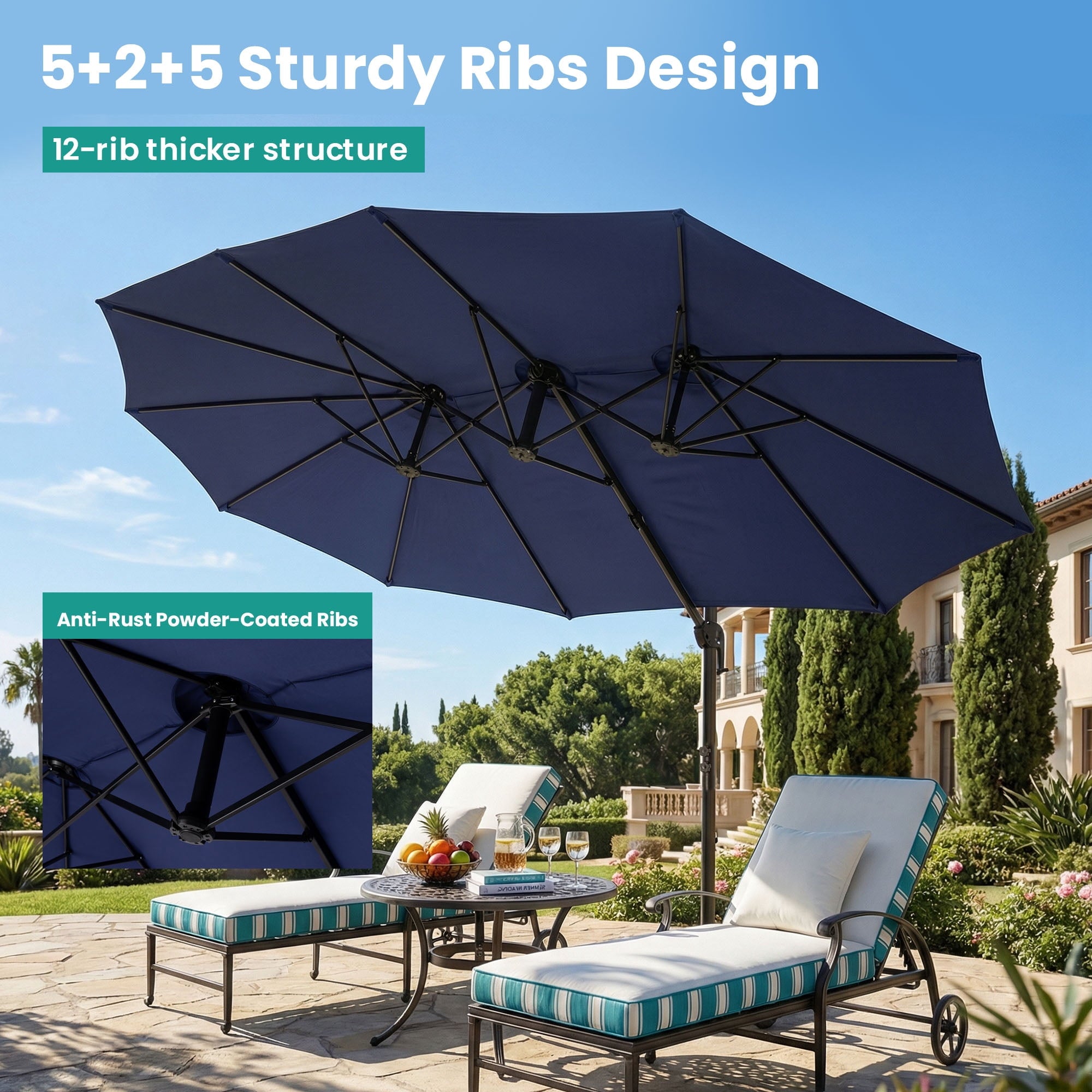 MOALCOFER 15 x 9 FT Double Sided Patio Umbrella with Base Included, Outdoor Rectangular Market Umbrella with Crank Lift, 12 Reinforced Ribs， Khaki