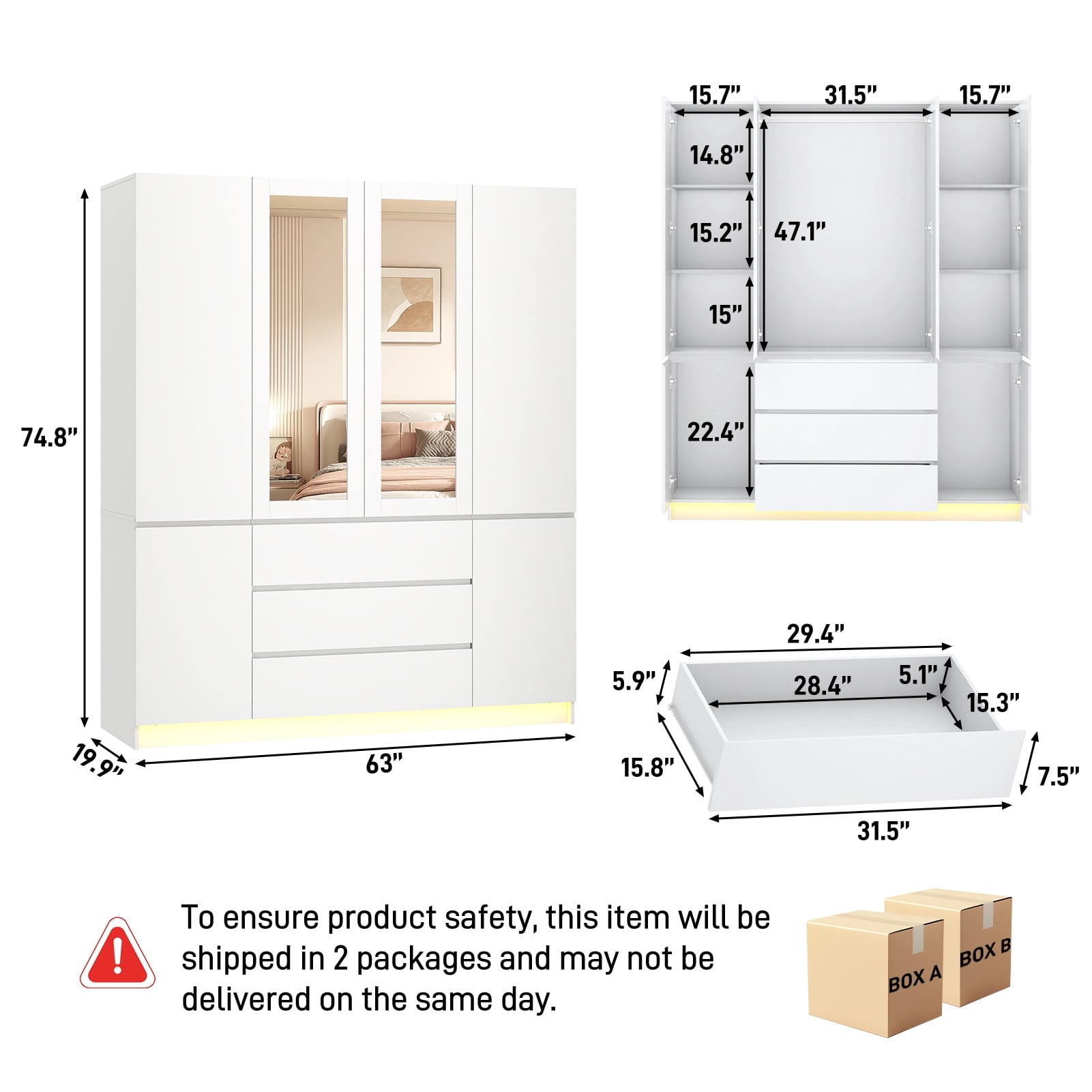 75 Tall 3 Doors Armoire Wardrobe Closet with  3 Drawers and Mirror, Large Wardrobe Closet for Bedroom with LED Lights, Wooden Armoire Storage Cabinet with Hanging Rod, Adjustable shelves (White)