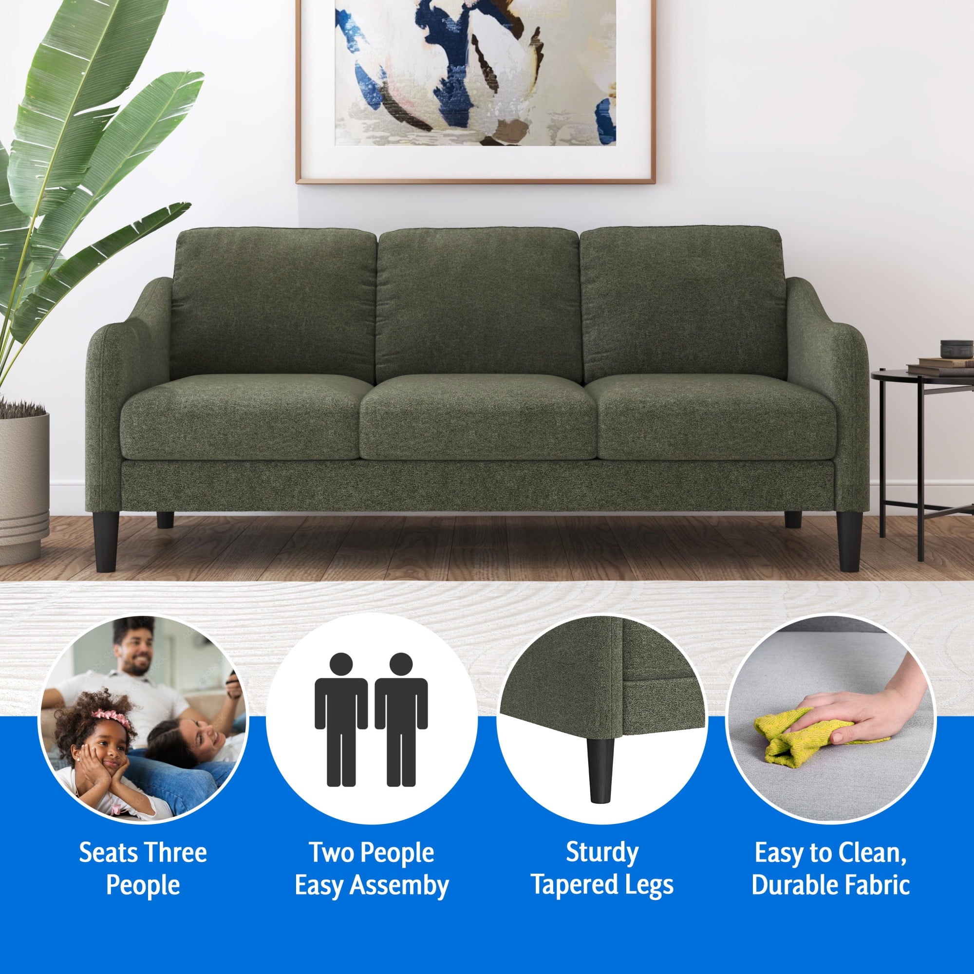 Mainstays Westley Swoop Arm 74 Sofa, Moss Green
