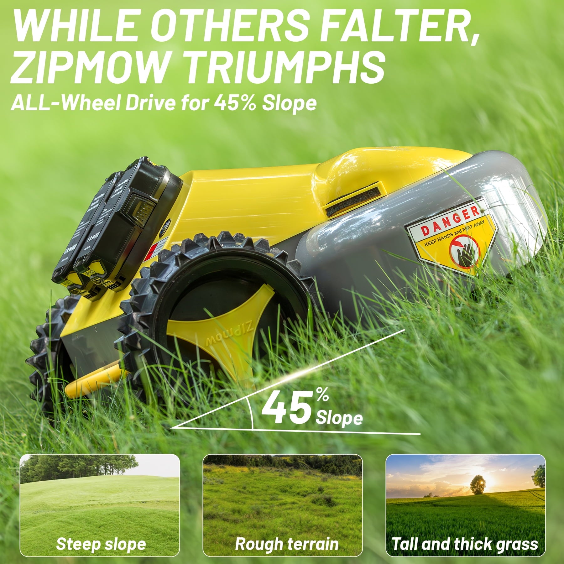 Remote Control Lawn Mower ZIPmow A106-RC - Self-Propelled Cordless, 45 Degree Slope, 2-3 Inch Cut, 60Min Dual 3Ah Batteries