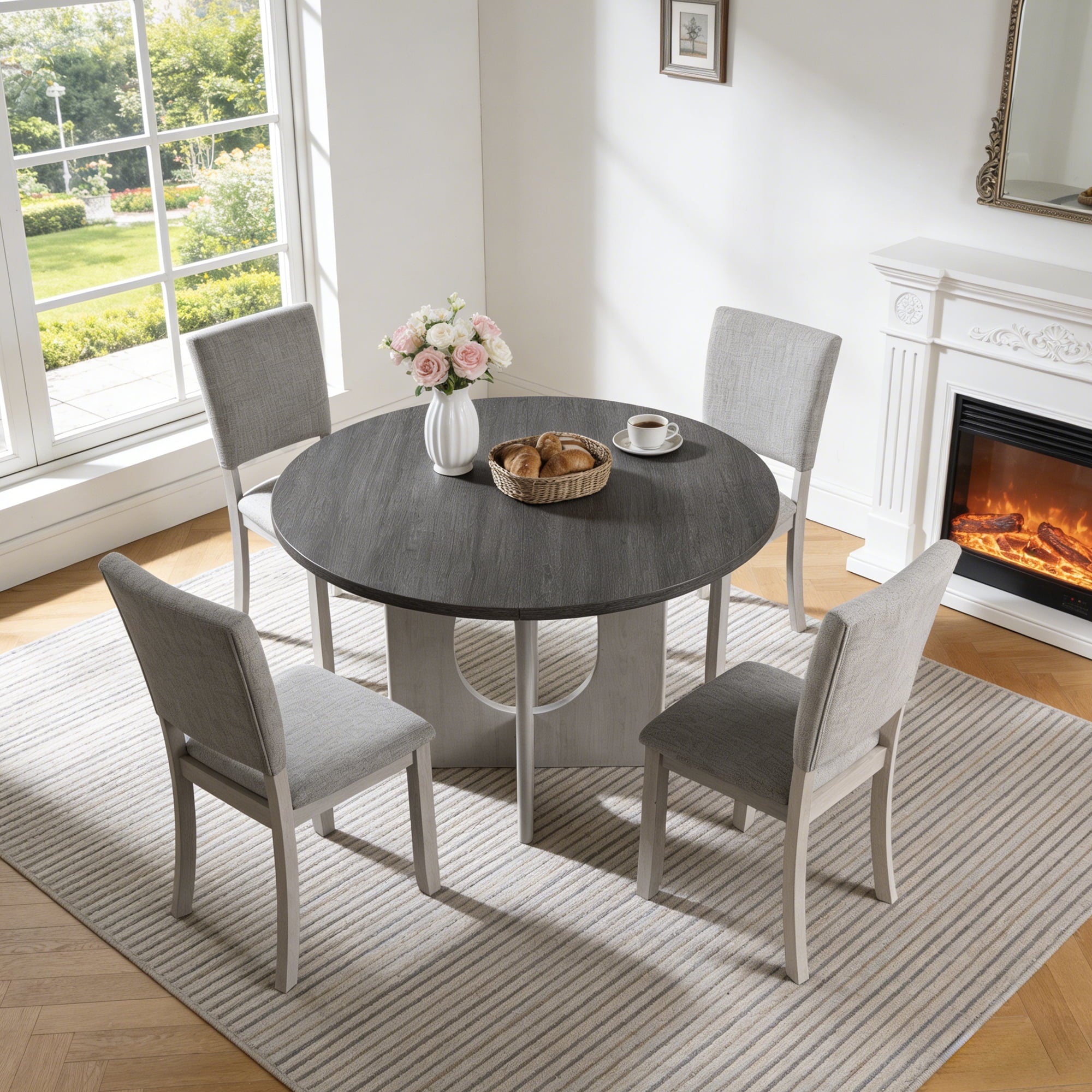 Leovanni Modern 48 5-Piece Solid Wood Dining Table Set with 4 Upholstered Chairs, Rectangular Kitchen & Dining Room Set, Natural