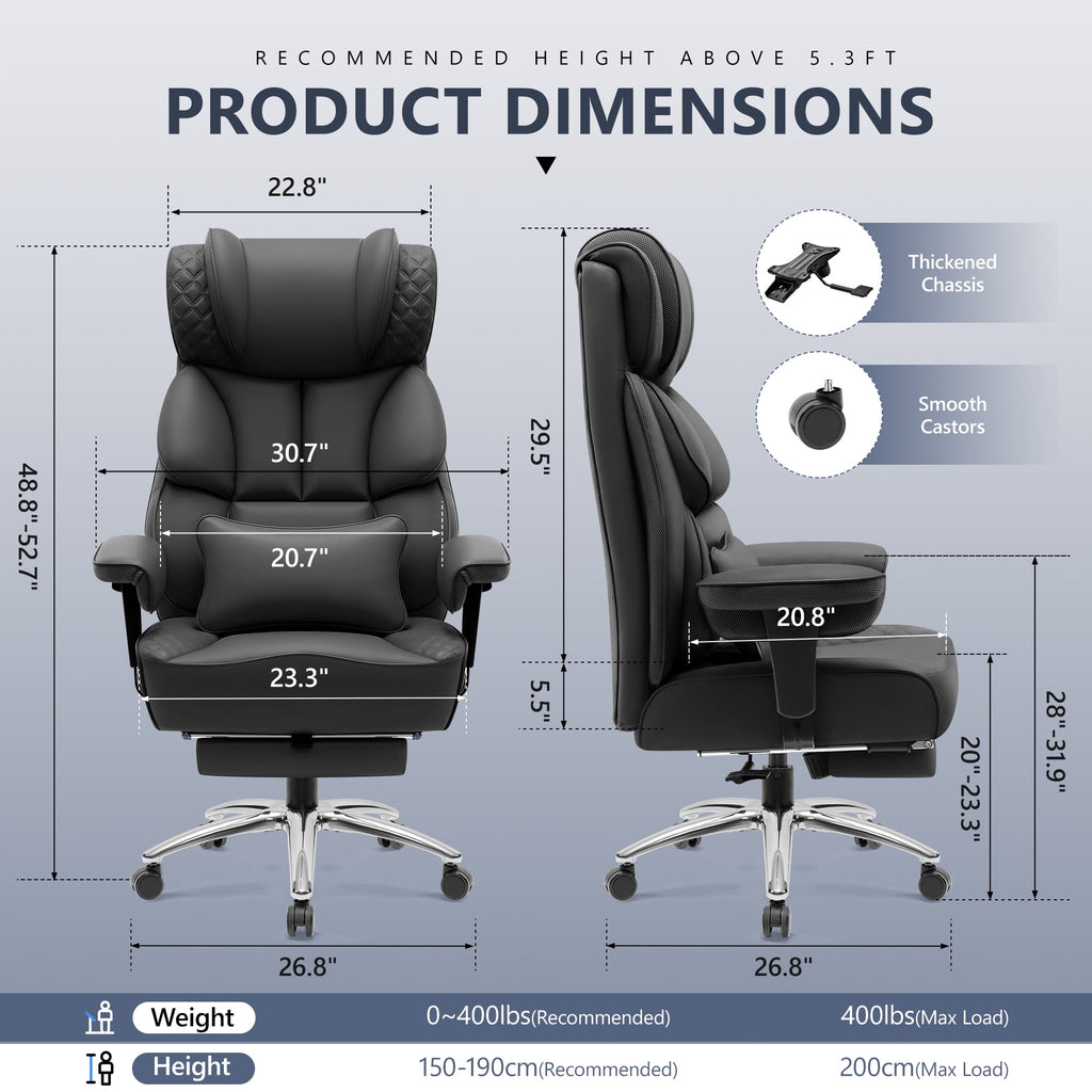 FASTES Office Desk Chair, Big and Tall Office Chair 400lbs Gaming Chair with Footrest, Ergonomic Executive High-Back Reclining Computer Chairs, Swivel Wheels and Lumbar Support, Black