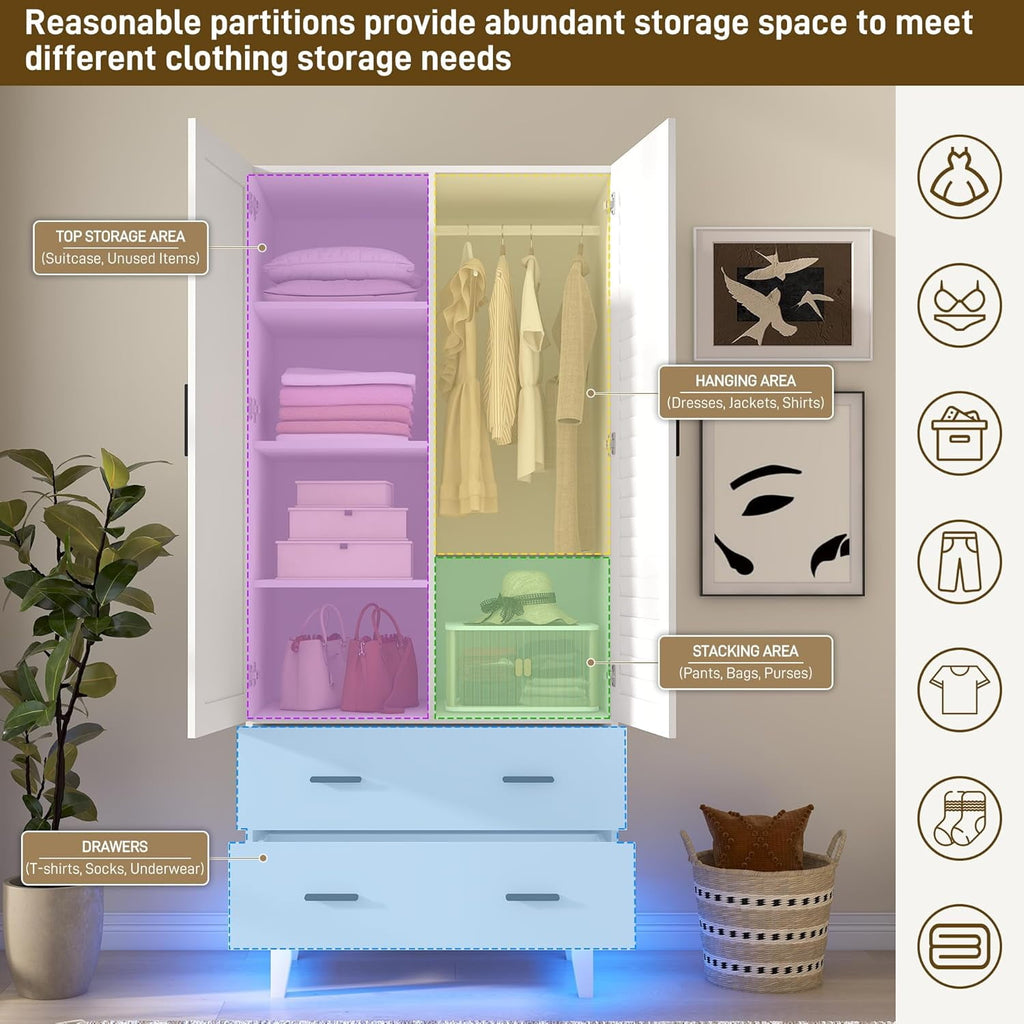 Blotout 70 Armoire Wardrobe Closet with Mirror & LED Lights, LED White Louver Door Wardrobe Armoire with 3 Drawers & Hanging Rods, Large 3 Doors Armoire Storage with Multi-Layer Shelves