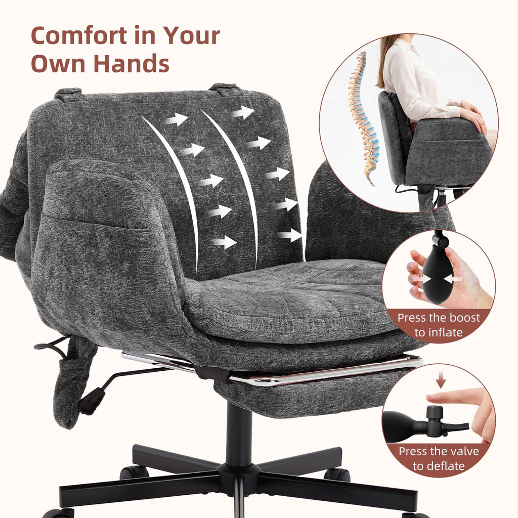 Hforesty Cross Legged Office Chair, Inflatable Flip-up Back & Wide Seat, 5-Position Armrests & Footrest, Ergonomic Task Chair for Home Office, Gray