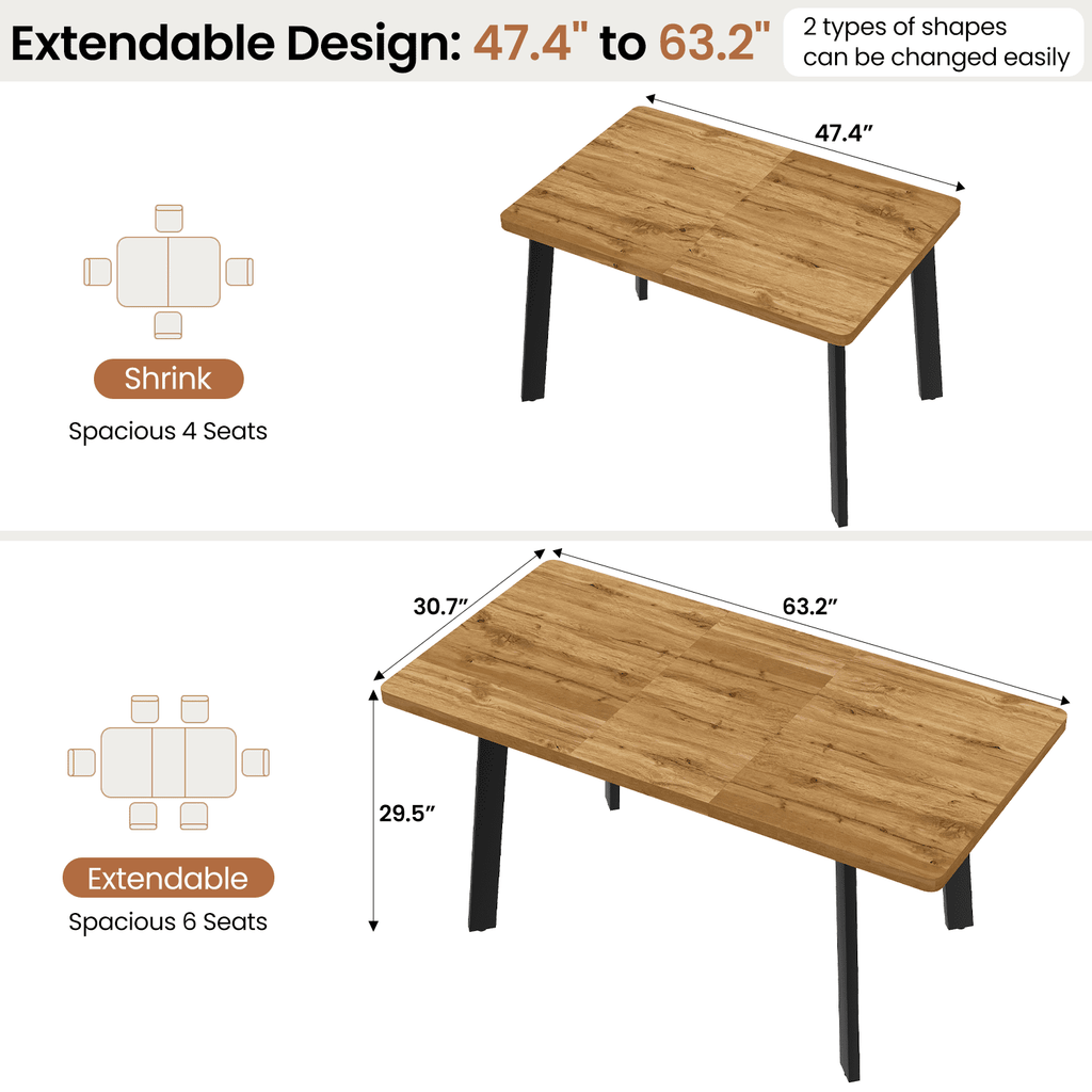 63.2-78.2 Extendable Dining Room Table,Modern MDF Dining Table Set for 4-8,Space Saving Dining Room Table Compact for Living Room, Apartment