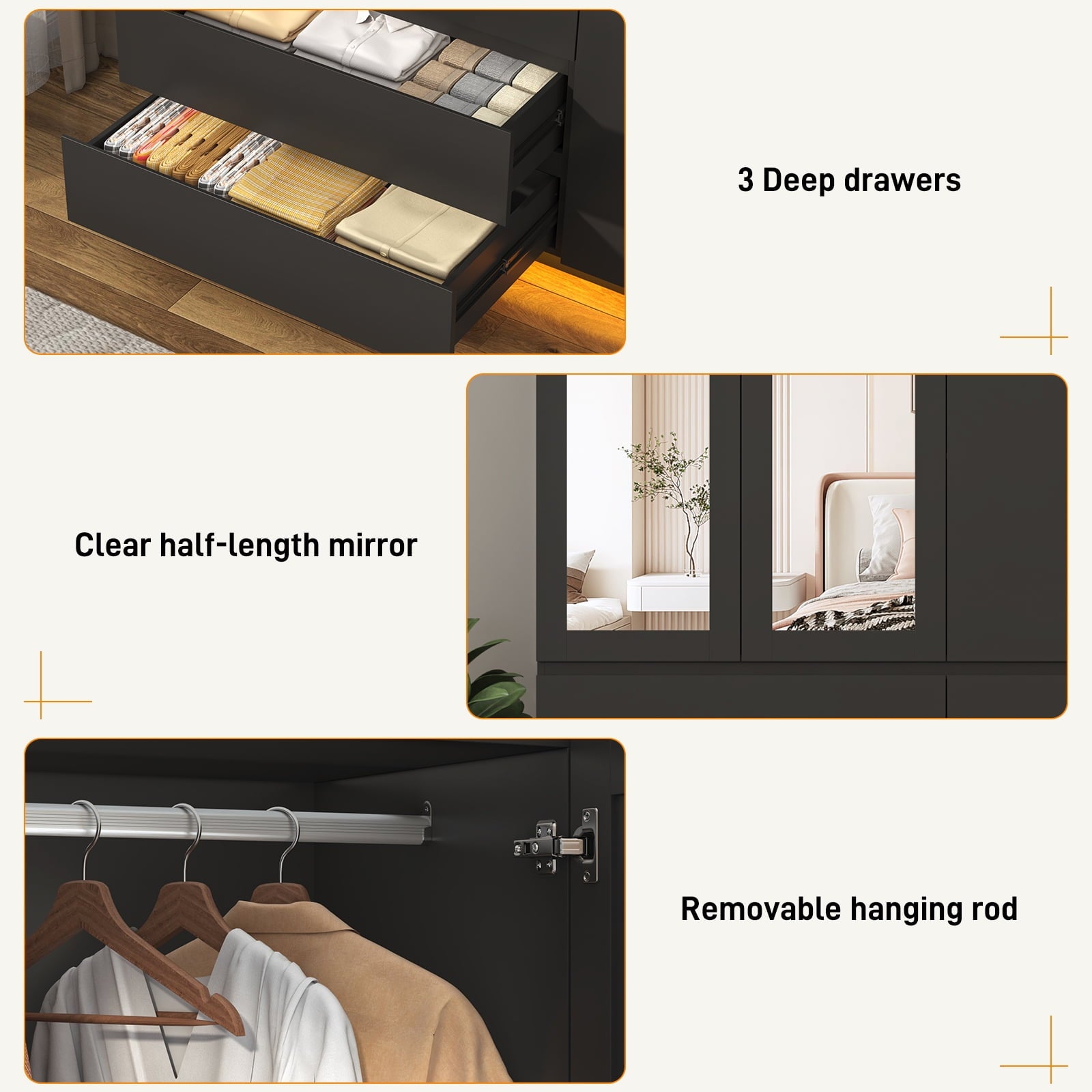 75 Tall 3 Doors Armoire Wardrobe Closet with  3 Drawers and Mirror, Large Wardrobe Closet for Bedroom with LED Lights, Wooden Armoire Storage Cabinet with Hanging Rod, Adjustable shelves (White)