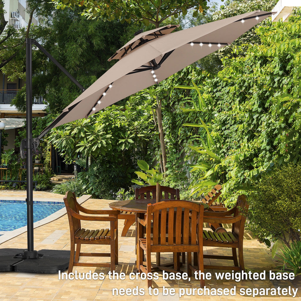 Ainfox 10ft Double Top Heavy-Duty Patio Cantilever Umbrella with lights and Cross Base, Outdoor Large Offset Hanging Aluminum Rotation Sun Shade Solar Umbrella with 360°Rotation Adjustable,Khaki