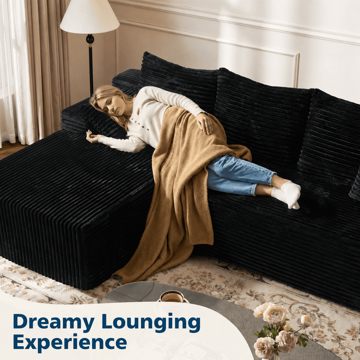 LLappuil 108 Sectional Sofa, Modular Sectional Couch with Left Chaise, Deep Seat Corduroy Cloud Sofa for Living Room Black