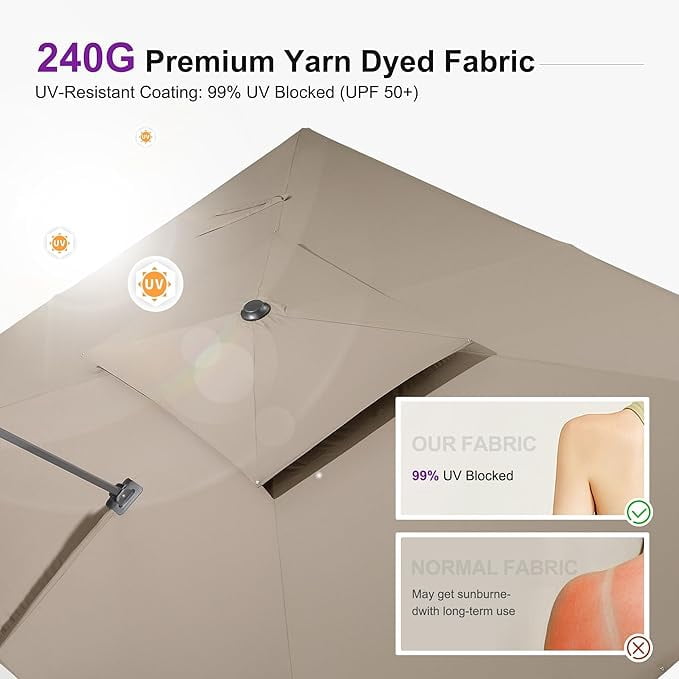 PURPLE LEAF Cantilever Umbrellas 12FT Square Large Patio Umbrella Offset Umbrella with 360°Rotation Tilting And Hanging Double Top, Grey