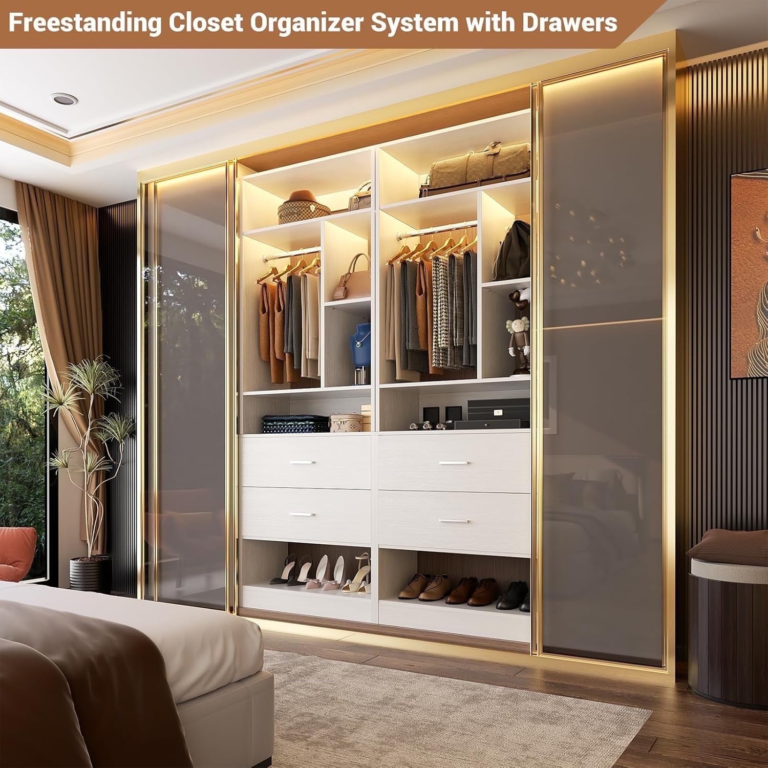 Homieasy Freestanding 24 Closet System with 2 Wood Drawers, 2FT Small Closet Organizer System with 6 Shelves & Hanging Rod, Walk-in Closet Systems for Small Closets, White