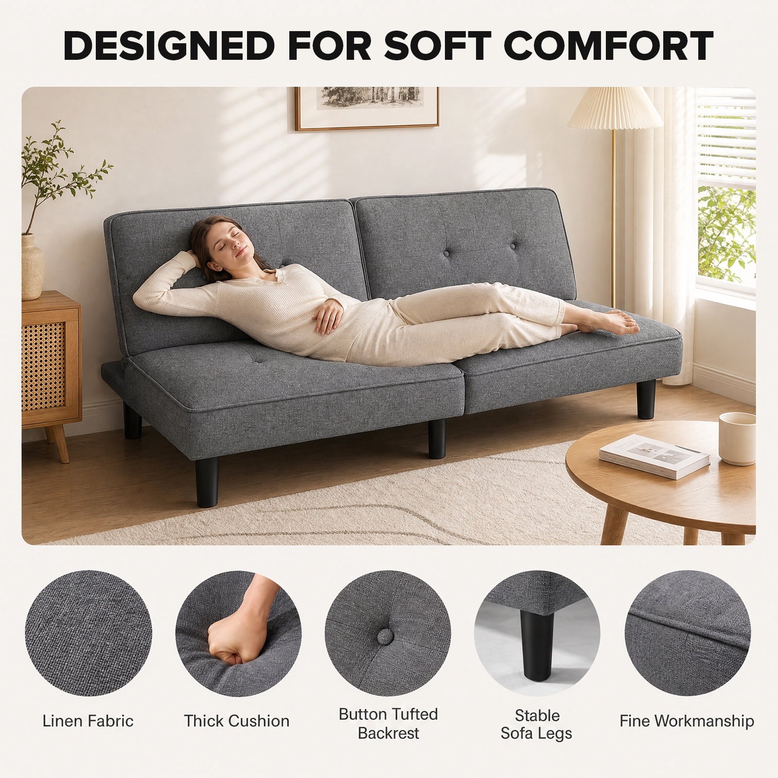 CloudRest Pro 72 Modern Convertible Futon Sofa Bed, Upholstered Futon Couch with 5 Adjustable Backrest Angles,Suitable for Apartment,Living Room,Black
