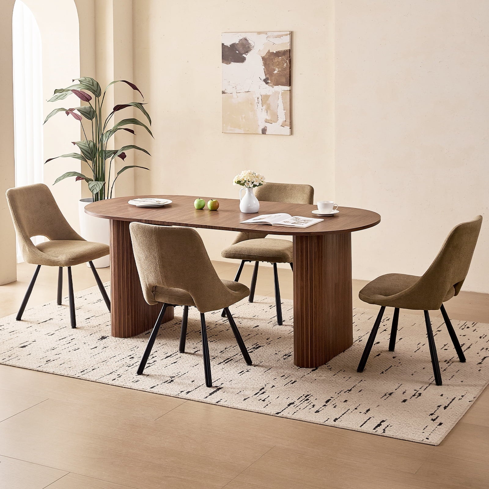71 Natural Large Dining Table Set for 4 Modern Kitchen Table with Beige Boucle Upholstered Kitchen Chairs Set of 4