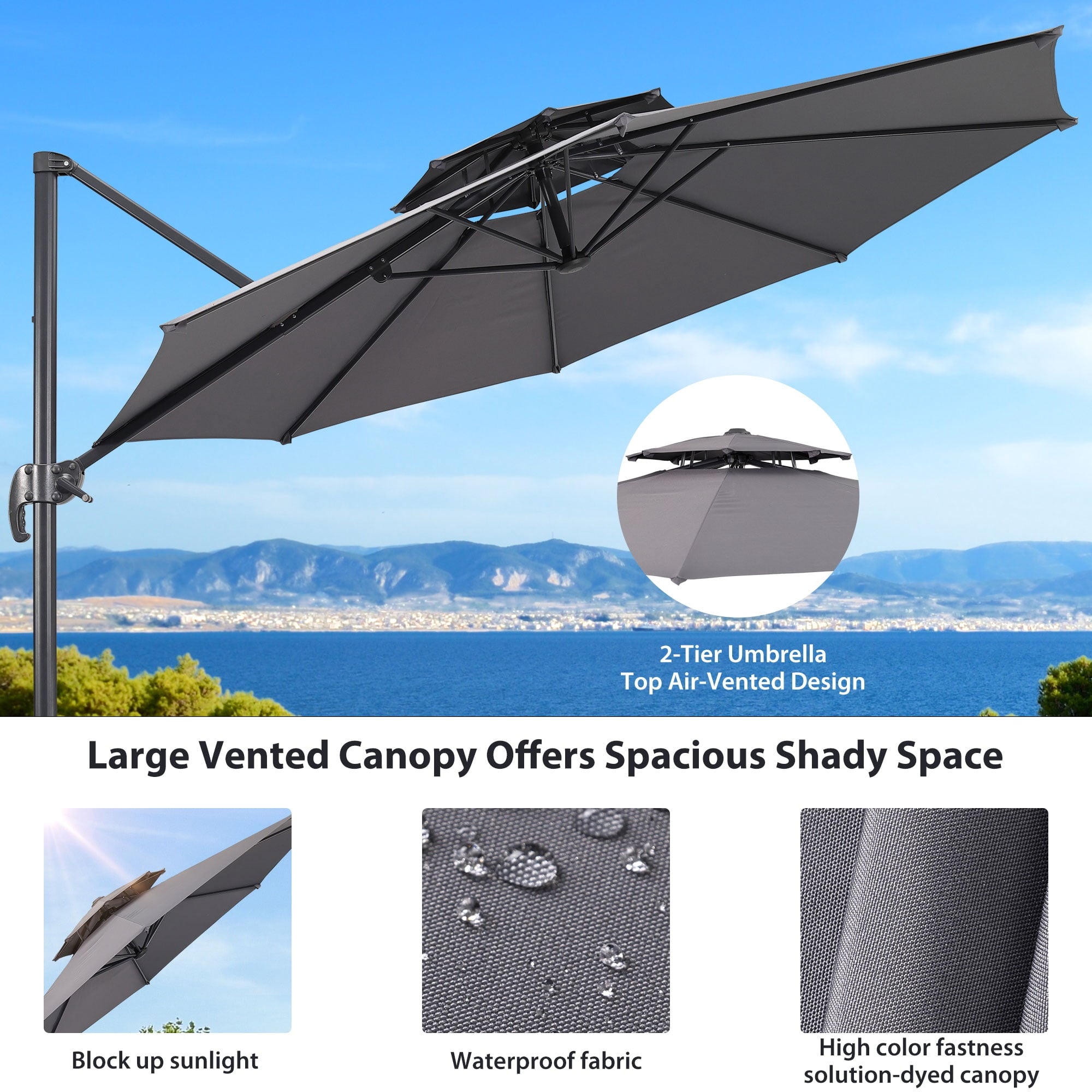 Ainfox 10ft Double Top Heavy-Duty Patio Cantilever Umbrella with lights and Cross Base, Outdoor Large Offset Hanging Aluminum Rotation Sun Shade Solar Umbrella with 360°Rotation Adjustable,Khaki