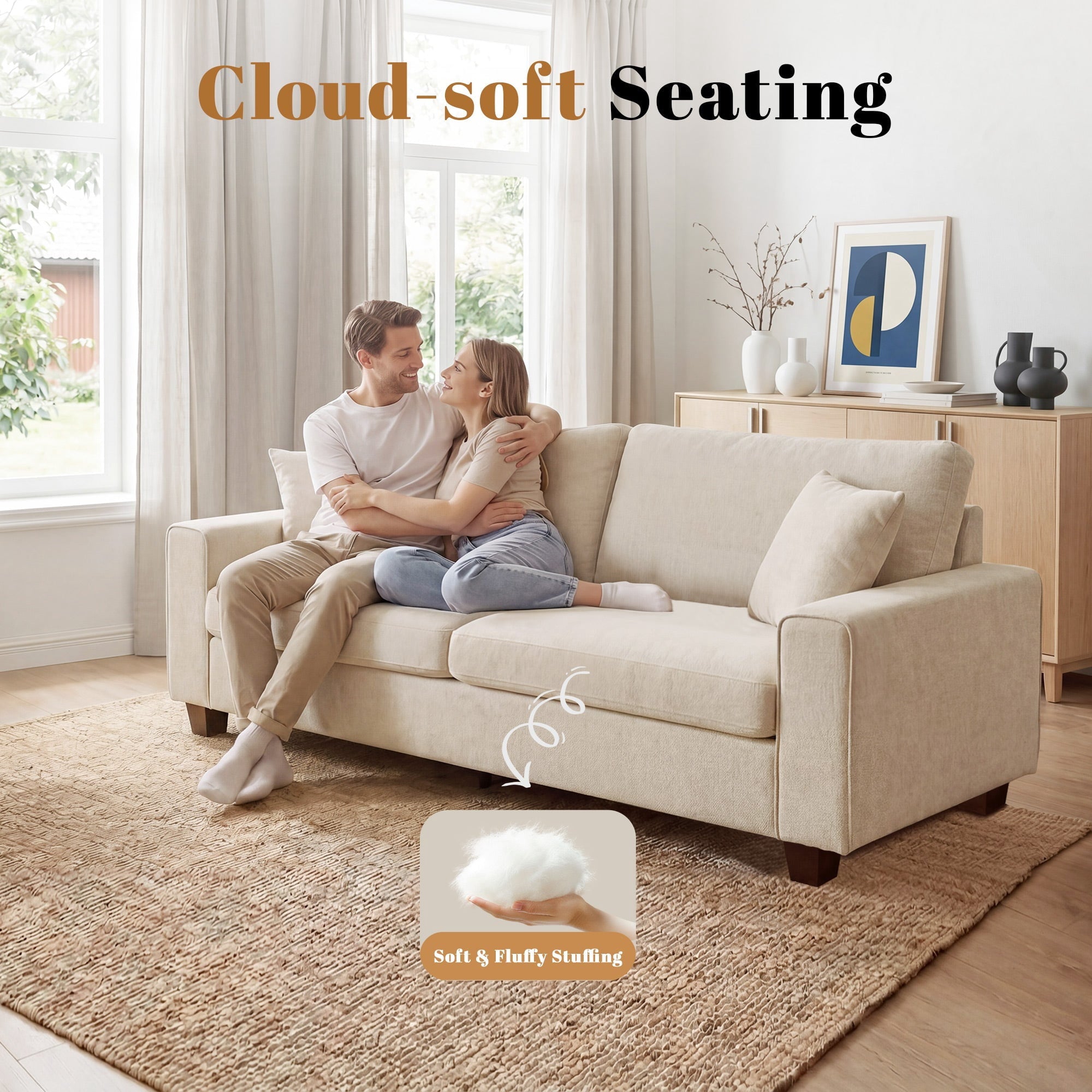Poshby 71.25''W Loveseat 2 Seater Couch Sofa with Chenille Material, Modern for Living Room, Beige