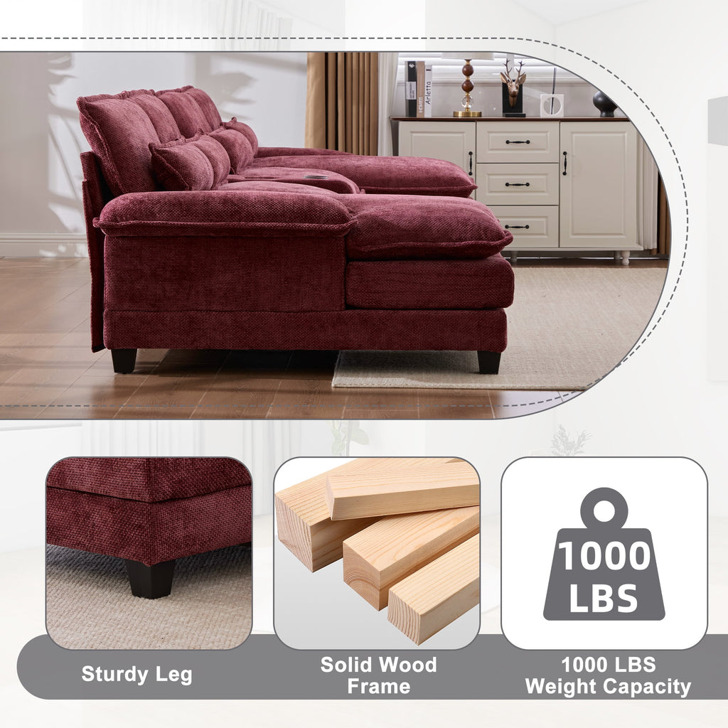 Villeston 126.77 U-Shaped Cloud Sofa With Chaise Lounge, Chenille Sofa With Wireless Charging, Bluetooth Speaker, Two Cup Holders, Storage Drawer, Suitable For Living Room,Gray