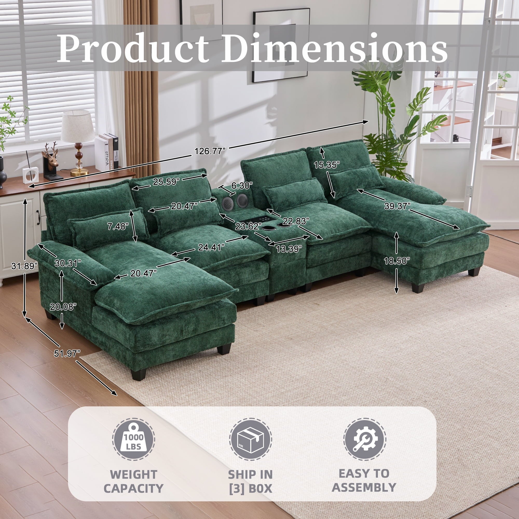 Villeston 126.77 U-Shaped Cloud Sofa With Chaise Lounge, Chenille Sofa With Wireless Charging, Bluetooth Speaker, Two Cup Holders, Storage Drawer, Suitable For Living Room,Gray