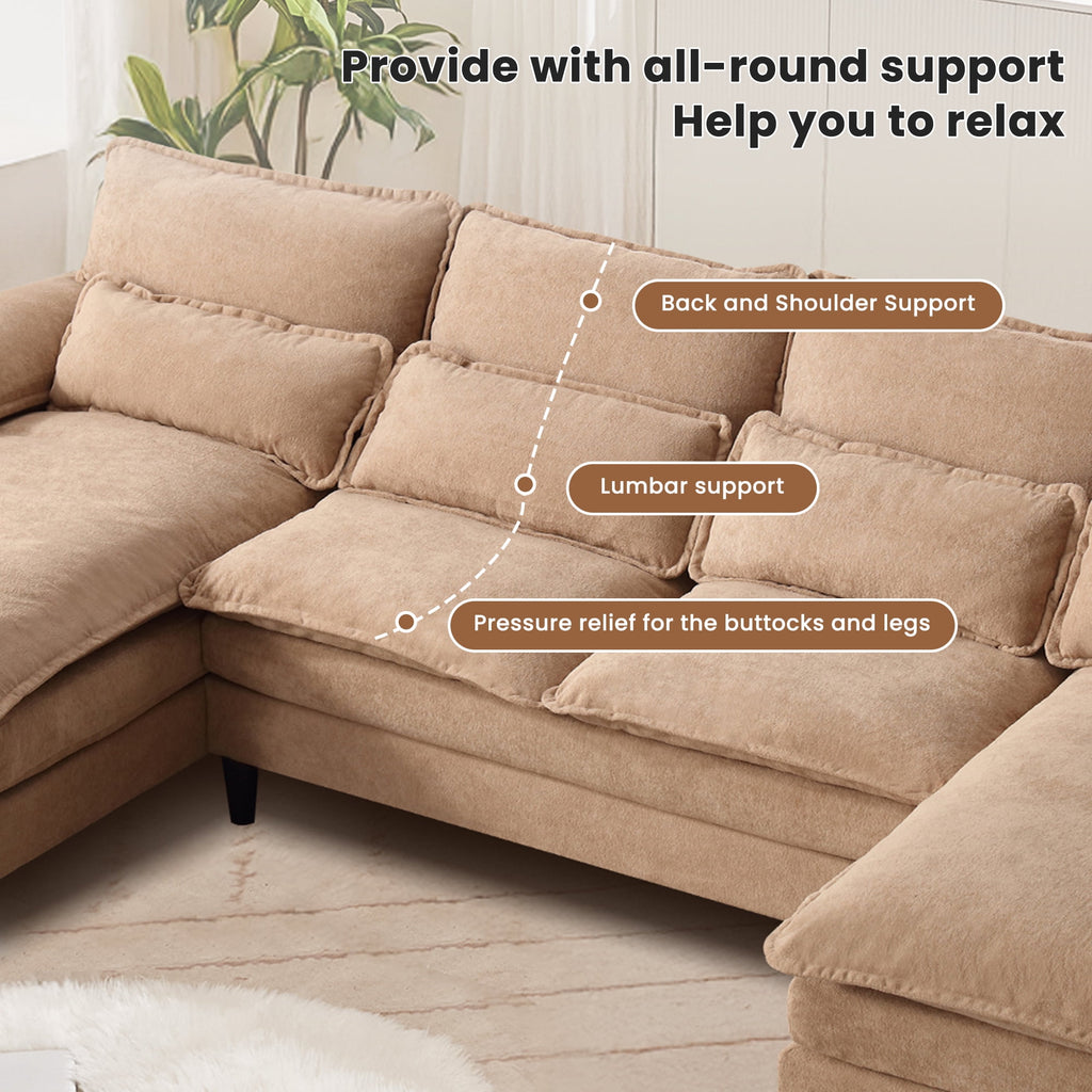 JONPONY109.45 U Shaped Couch,Oversized 4 Seat Sectional with 4 Waist Pillows, Convertible Upholstery Symmetrical Sofá,Sleeper Sofa Couch with Double Chaise Lounge &Memory Foam for Living Room, Beige