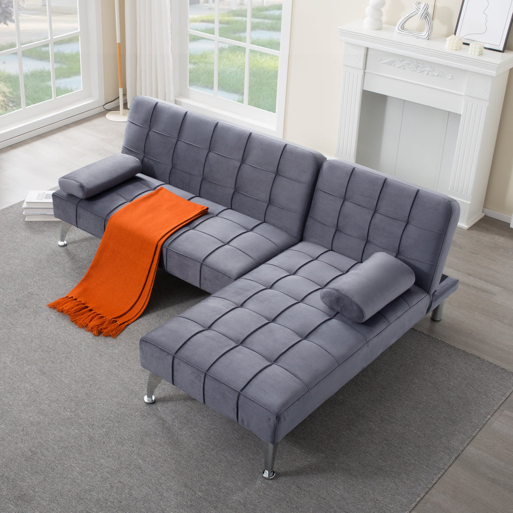 Gewnee 78.35”L-Shaped Velvet Reversible Sectional Sleeper Sofa,Futon Sofa with Adjustable Split Back & Chaise,Couch for Home,Office and Guest Room.Black