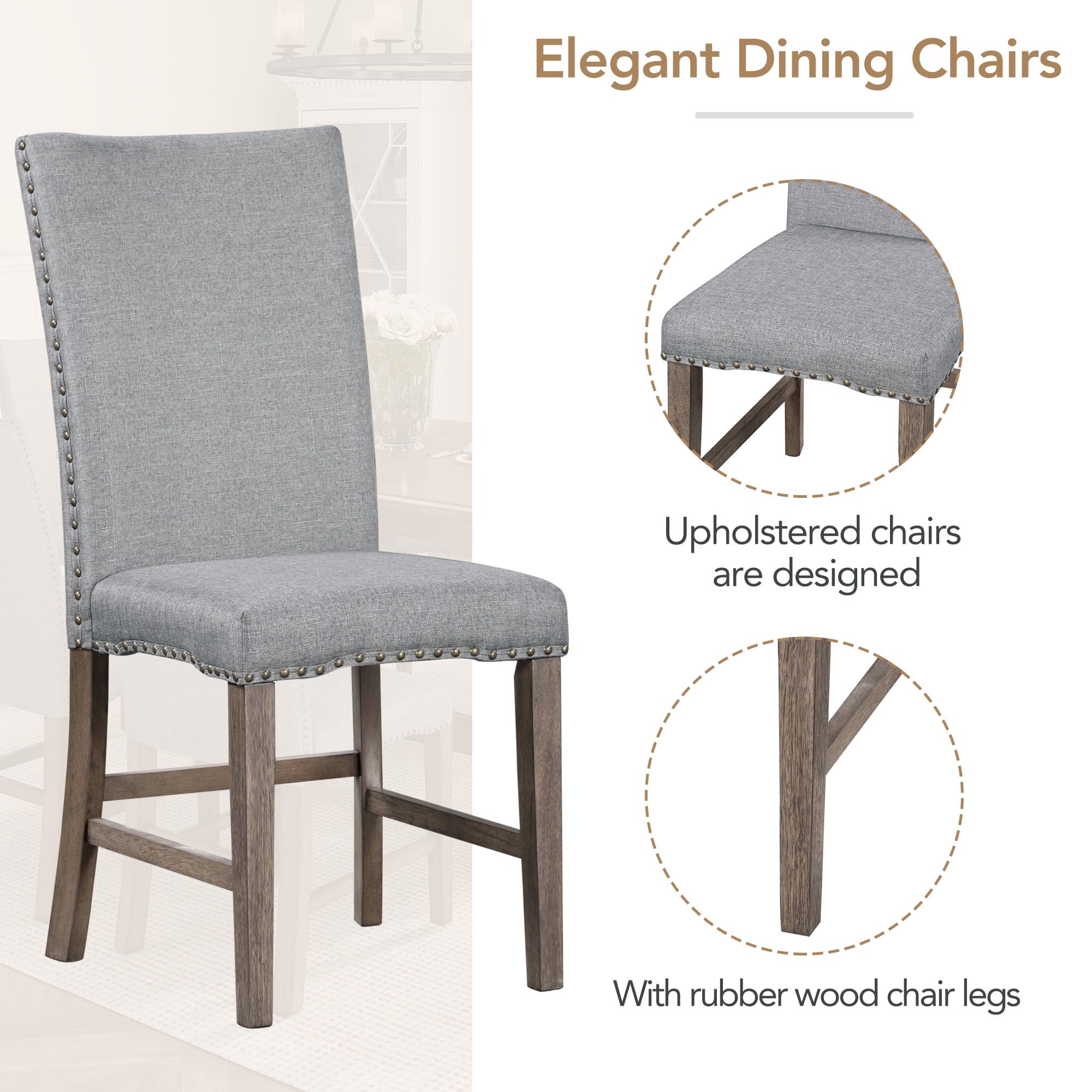 Harper & Bright Designs 7 Pieces Retro Dining Set for 6, Wood Rectangular Table with Designed Trestle Base and 6 Upholstered Chairs for Dining Room and Kitchen, Grey