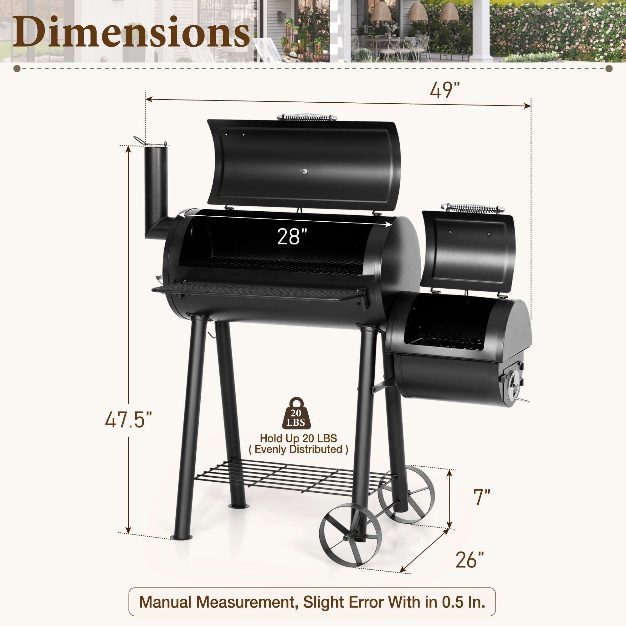 PHI VILLA 28 Charcoal Grill with Offset Smoker Black