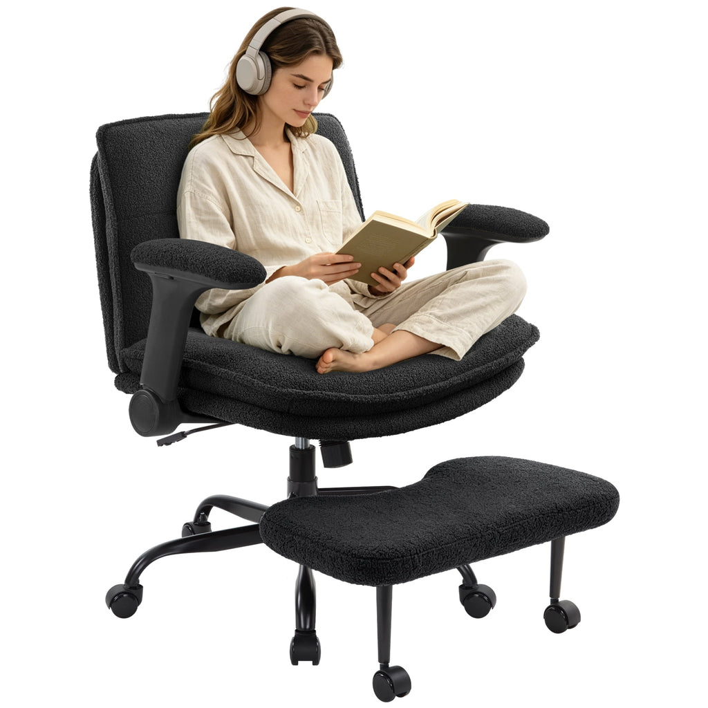Cross Legged Office Chair with Flip-up Armrests for ADHD, Extra Wide Seat Criss Cross Desk Chair with Stretchable Footrest & Wheels for Adults, Ergonomic Meditation Chair for Home Office Black