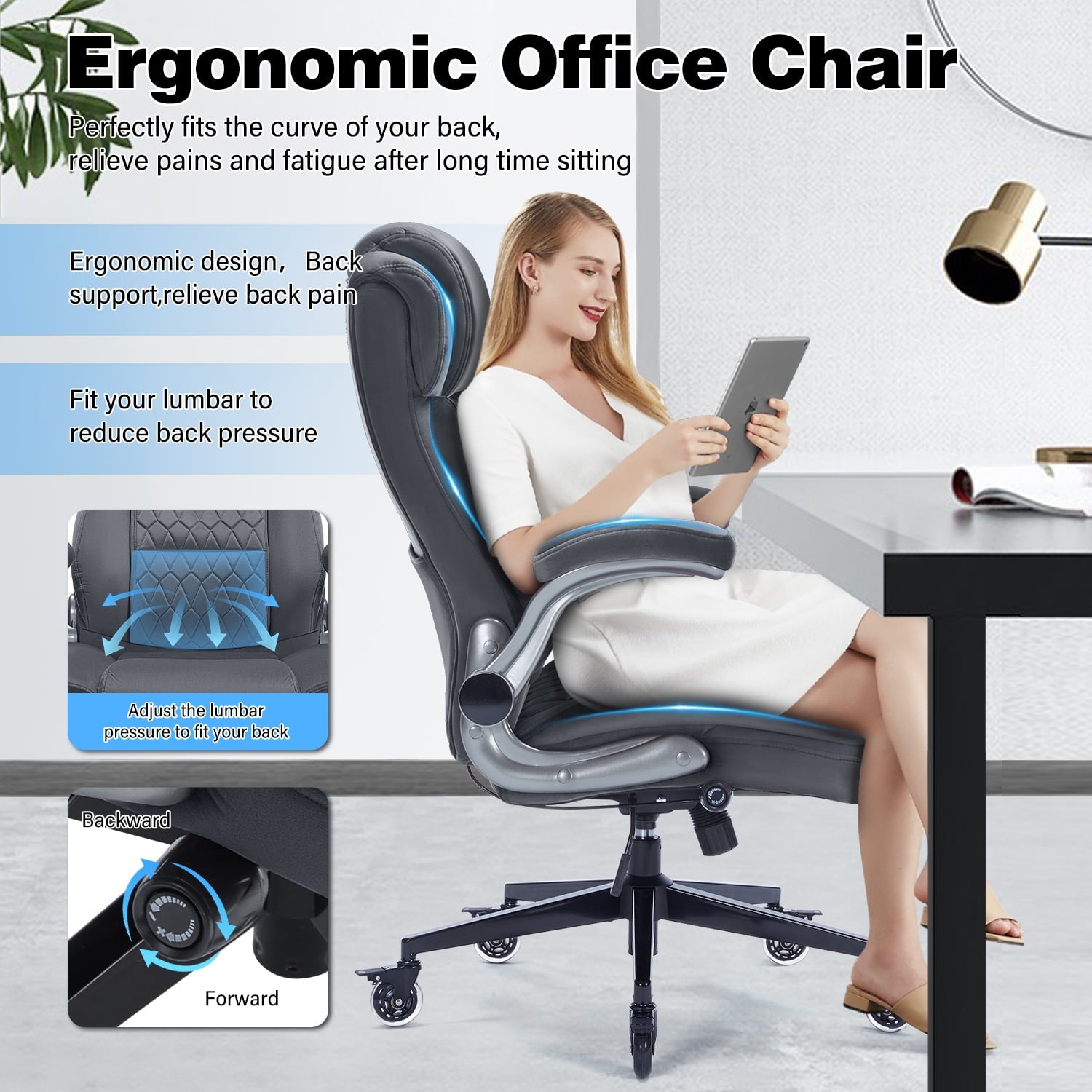 High Back Office Chair with Lockable Wheels, 400lbs Large Fabric Executive Desk Chair, Adjustable Lumbar Support Flip up Arms, Ergonomic Home Office Computer Chair with Storage Pocket, Black